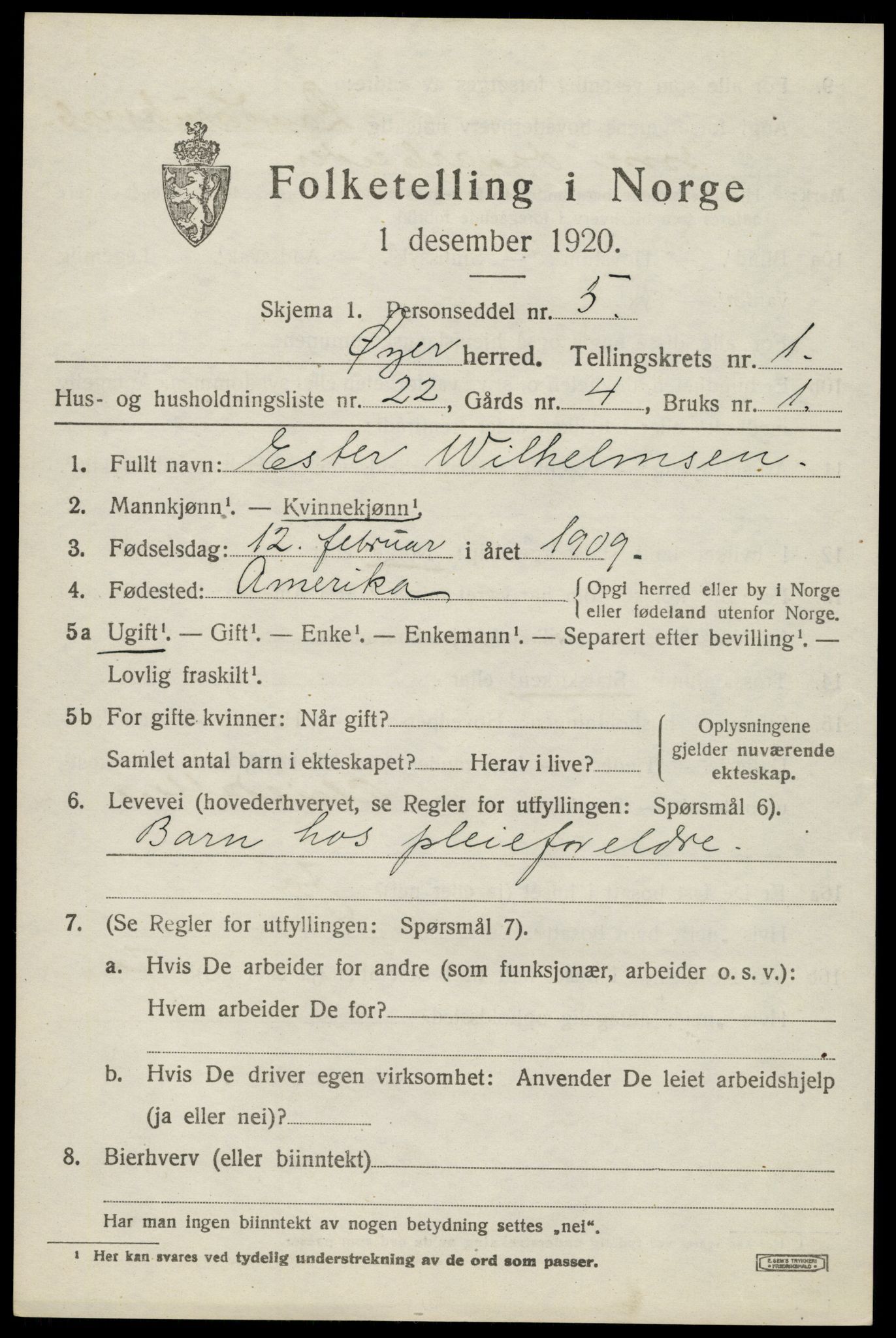 SAH, 1920 census for Øyer, 1920, p. 1485