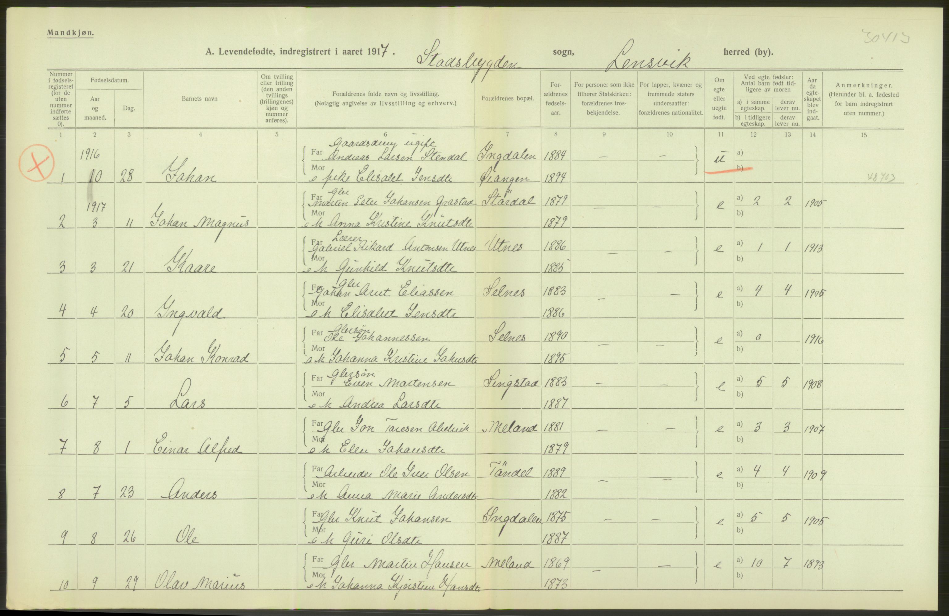 Statistisk sentralbyrå, Sosiodemografiske emner, Befolkning, RA/S-2228/D/Df/Dfb/Dfbg/L0045: S. Trondheim amt: Levendefødte menn og kvinner. Bygder., 1917, p. 106