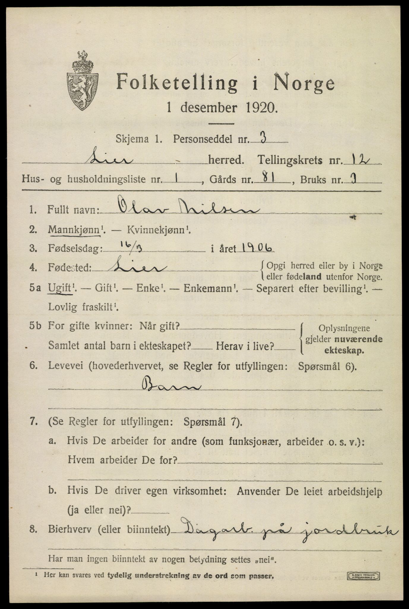 SAKO, 1920 census for Lier, 1920, p. 18502