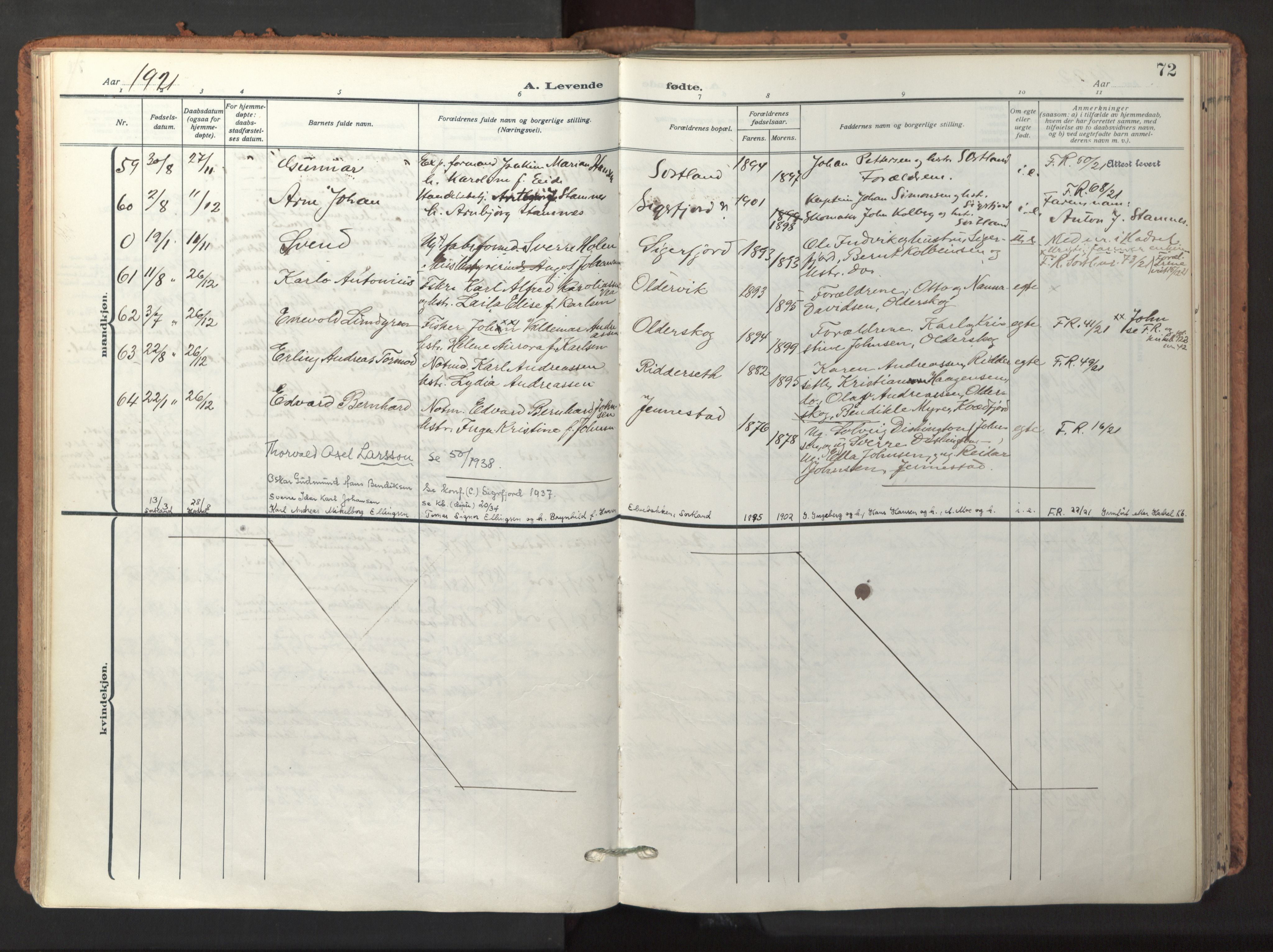 Ministerialprotokoller, klokkerbøker og fødselsregistre - Nordland, AV/SAT-A-1459/895/L1374: Parish register (official) no. 895A09, 1915-1925, p. 72