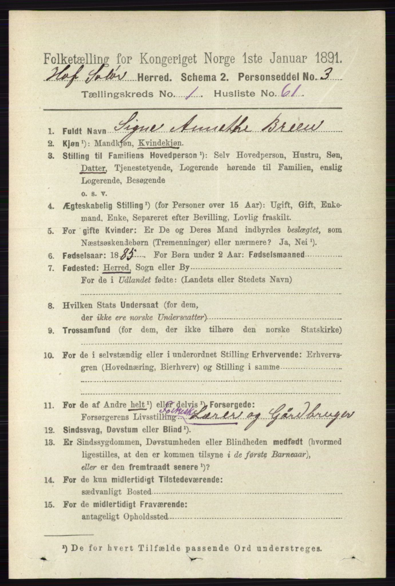 RA, 1891 census for 0424 Hof, 1891, p. 400