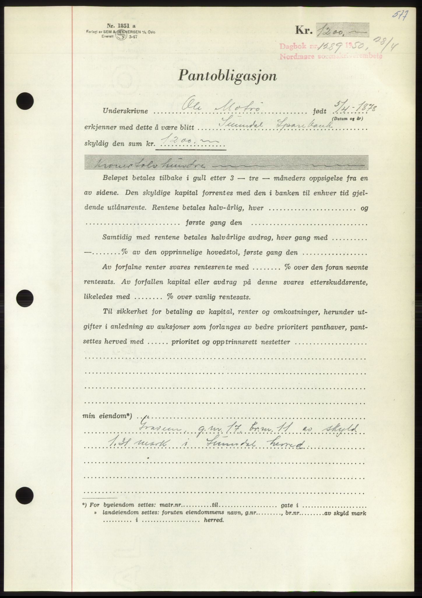 Nordmøre sorenskriveri, AV/SAT-A-4132/1/2/2Ca: Mortgage book no. B104, 1950-1950, Diary no: : 1289/1950