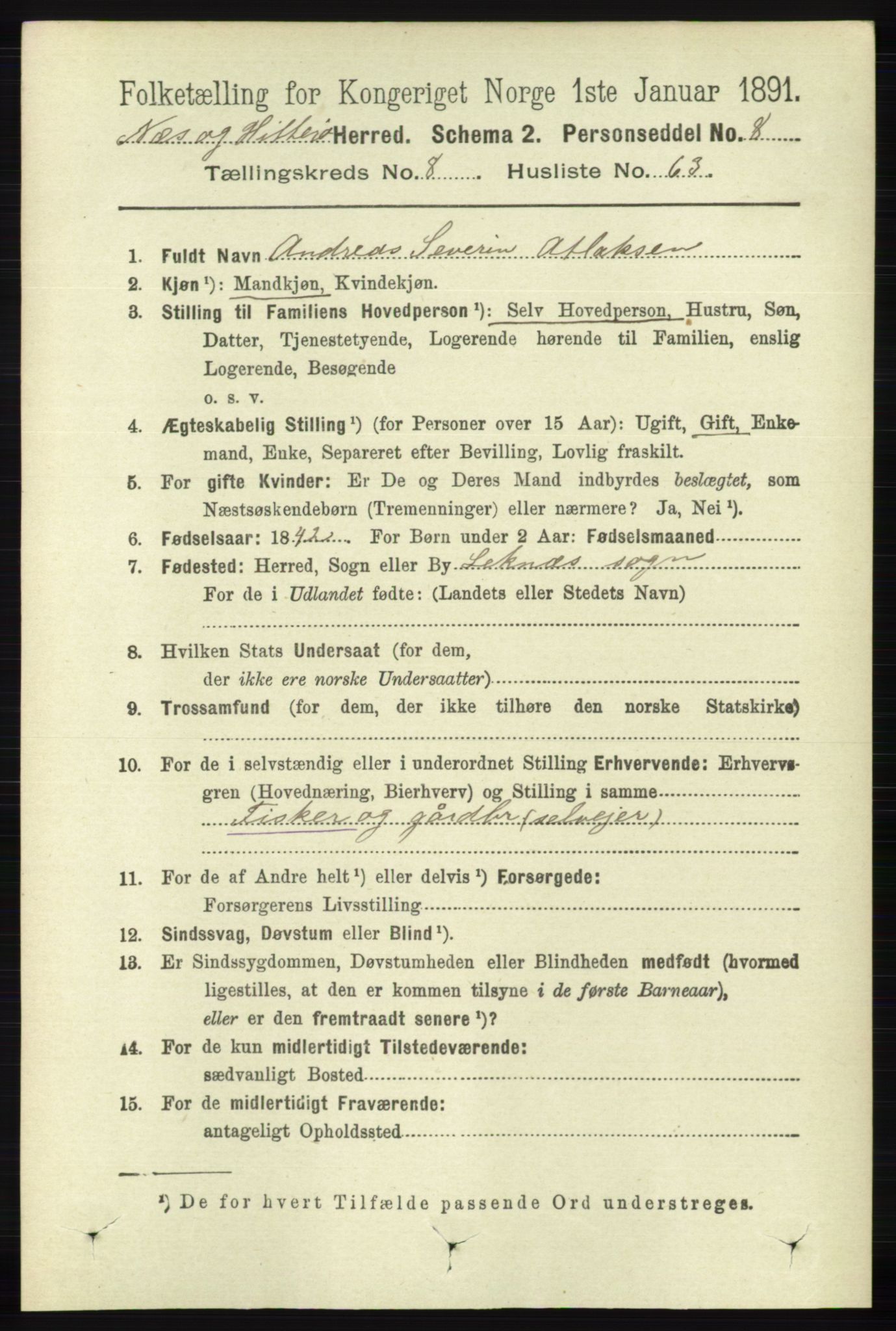 RA, 1891 census for 1043 Hidra og Nes, 1891, p. 3654