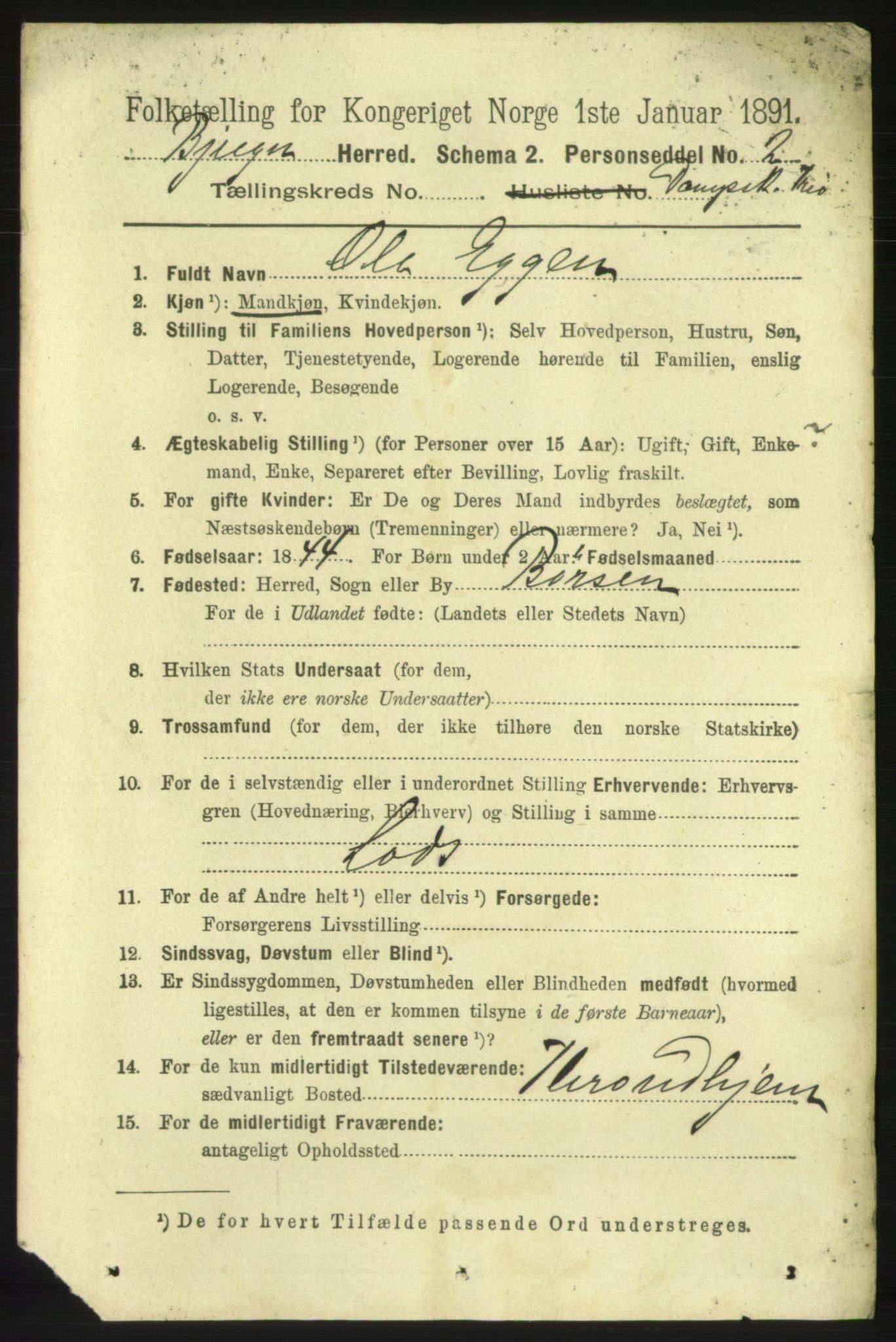 RA, 1891 census for 1627 Bjugn, 1891, p. 5758