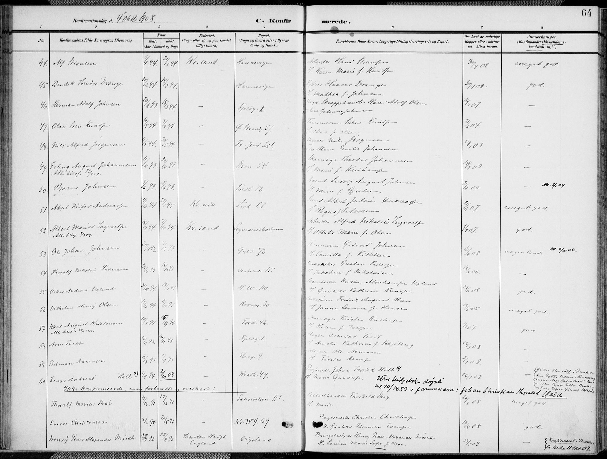 Kristiansand domprosti, AV/SAK-1112-0006/F/Fa/L0022: Parish register (official) no. A 21, 1905-1916, p. 64