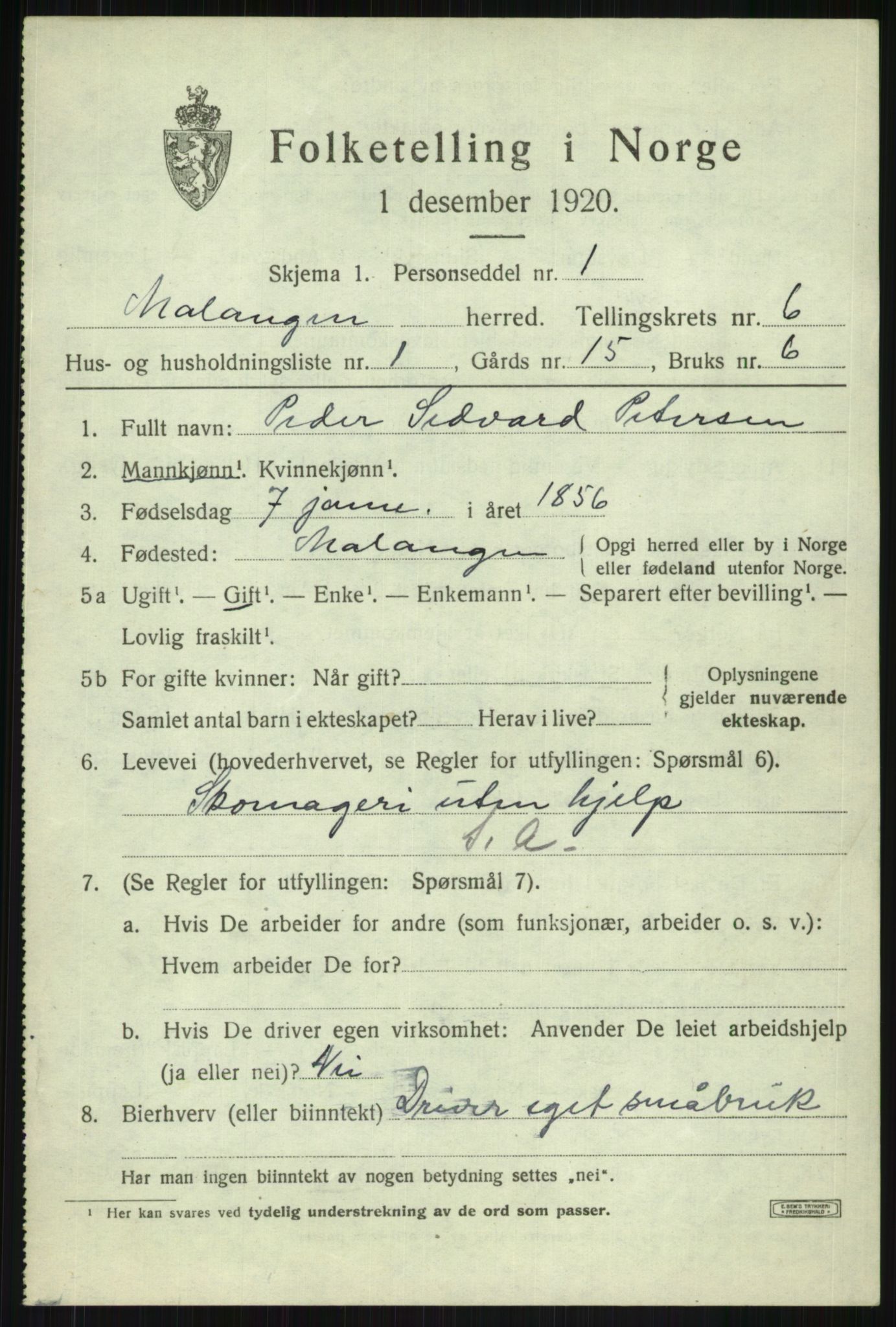 SATØ, 1920 census for Malangen, 1920, p. 2289