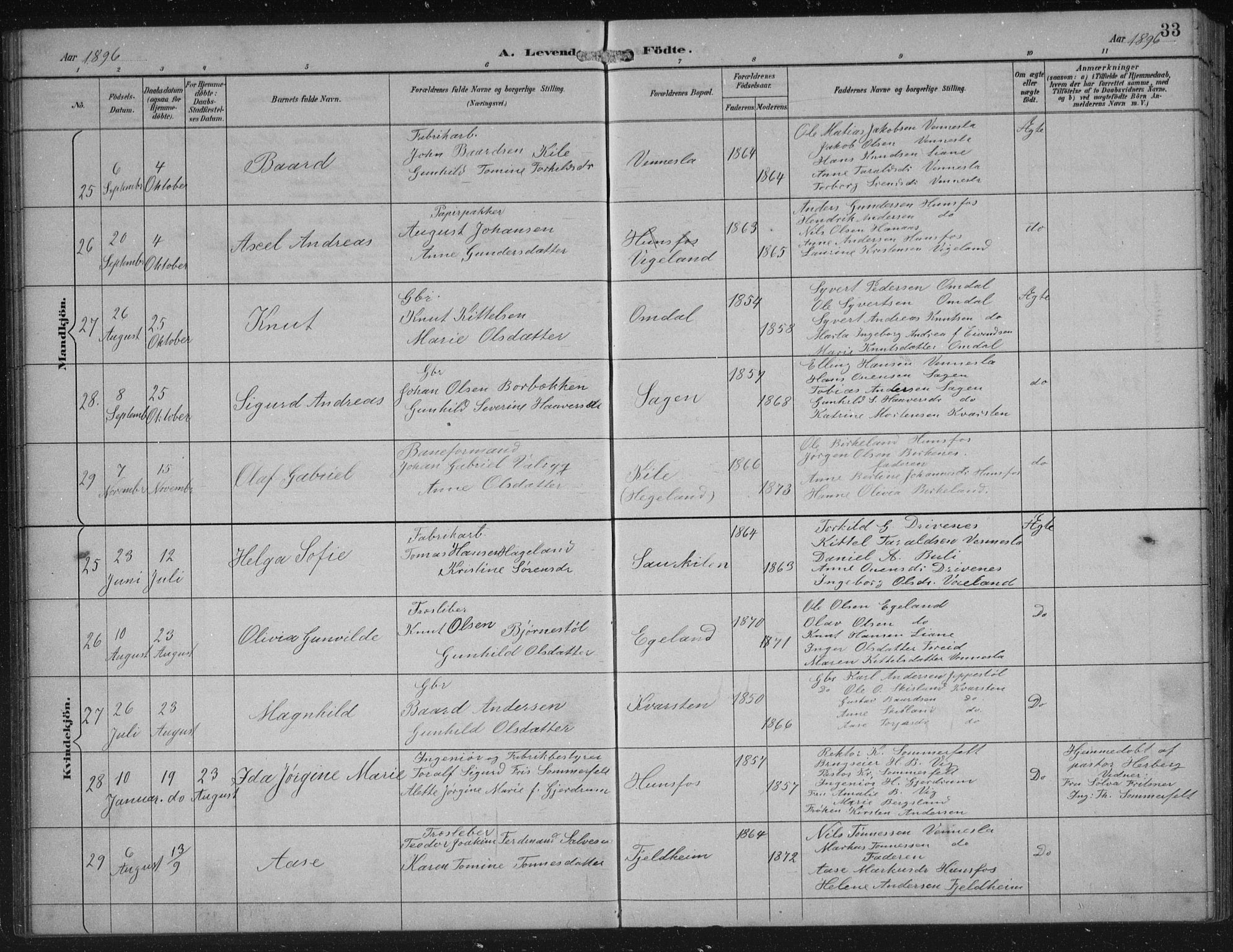 Vennesla sokneprestkontor, SAK/1111-0045/Fb/Fbb/L0004: Parish register (copy) no. B 4, 1893-1902, p. 33