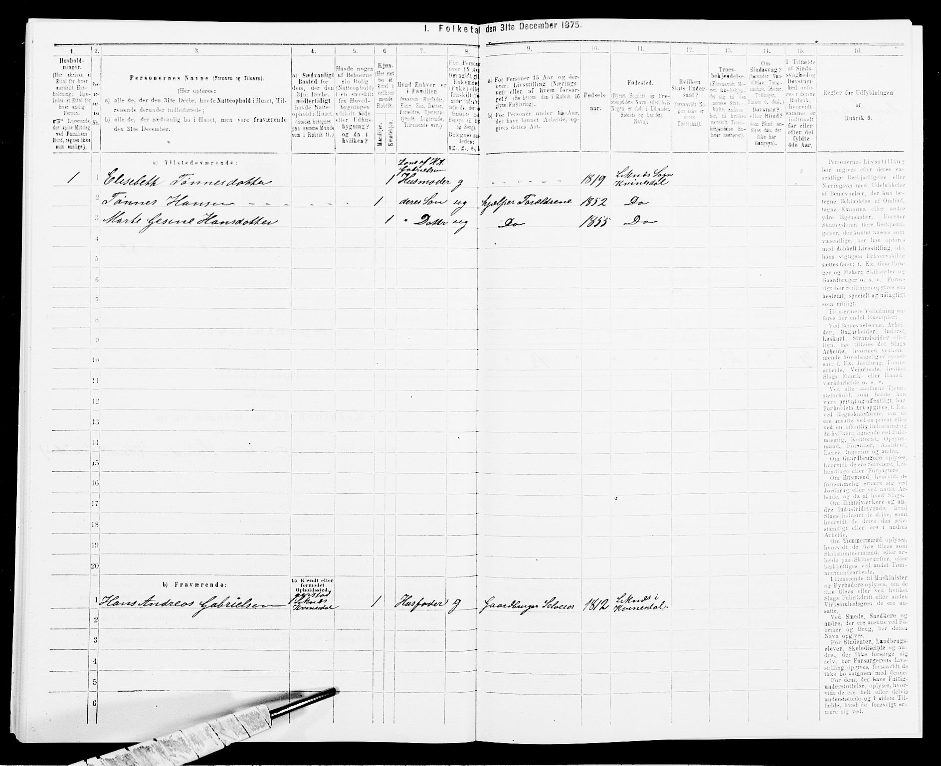 SAK, 1875 census for 1037P Kvinesdal, 1875, p. 1081