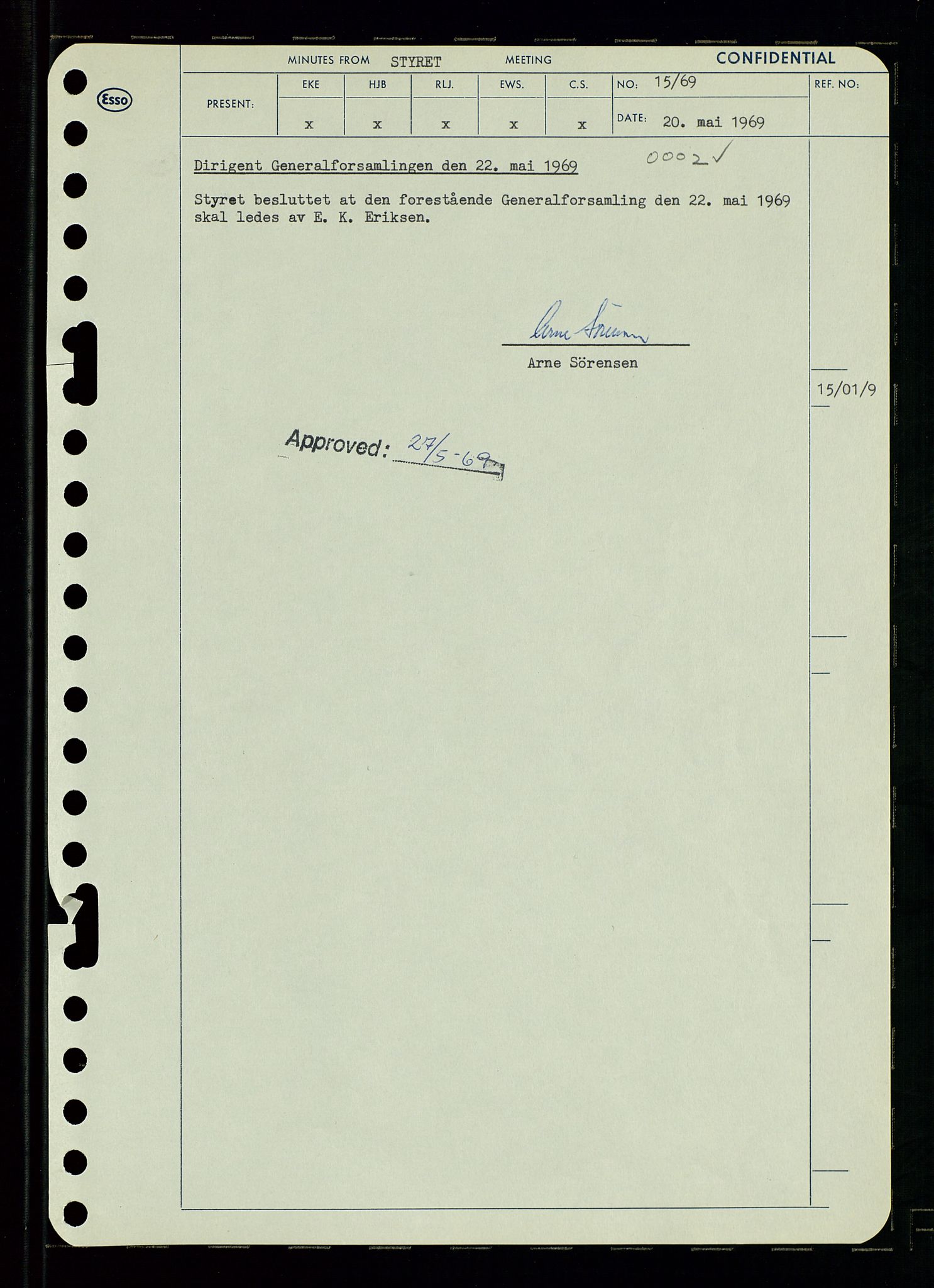 Pa 0982 - Esso Norge A/S, SAST/A-100448/A/Aa/L0003/0001: Den administrerende direksjon Board minutes (styrereferater) og Bedriftforsamlingsprotokoll / Den administrerende direksjon Board minutes (styrereferater), 1969, p. 17