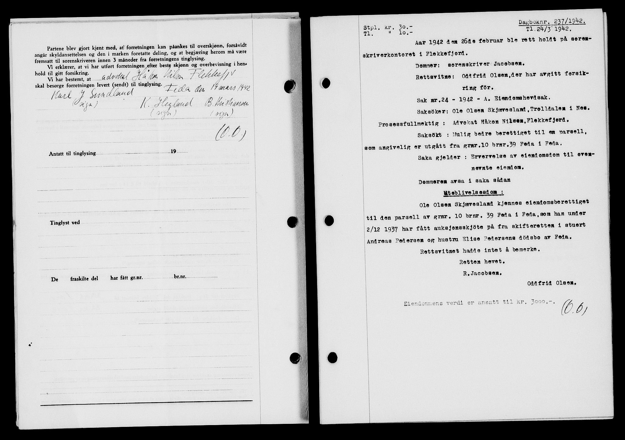 Flekkefjord sorenskriveri, SAK/1221-0001/G/Gb/Gba/L0057: Mortgage book no. A-5, 1941-1942, Diary no: : 237/1942