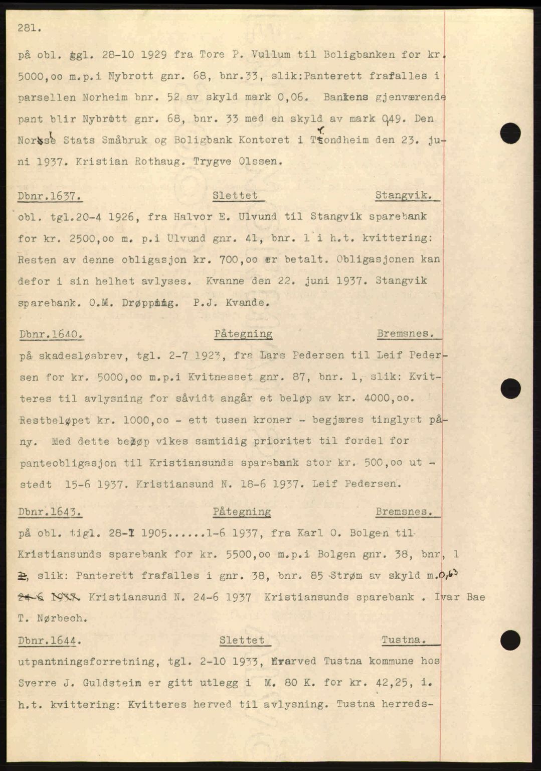 Nordmøre sorenskriveri, AV/SAT-A-4132/1/2/2Ca: Mortgage book no. C80, 1936-1939, Diary no: : 1637/1937