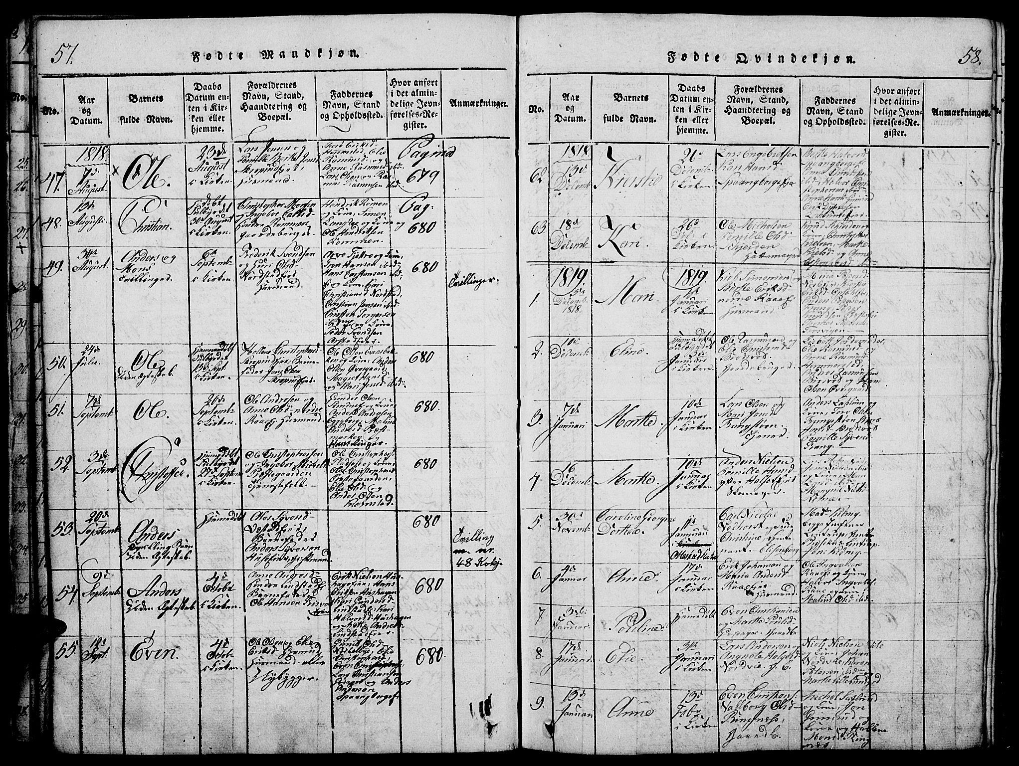 Stange prestekontor, AV/SAH-PREST-002/K/L0008: Parish register (official) no. 8, 1814-1825, p. 57-58