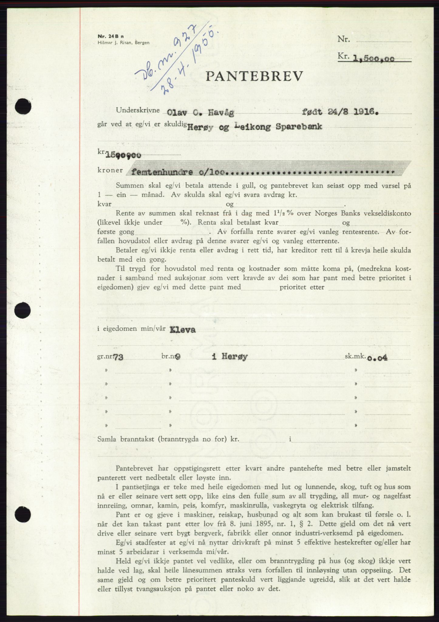 Søre Sunnmøre sorenskriveri, AV/SAT-A-4122/1/2/2C/L0126: Mortgage book no. 14B, 1954-1955, Diary no: : 927/1955