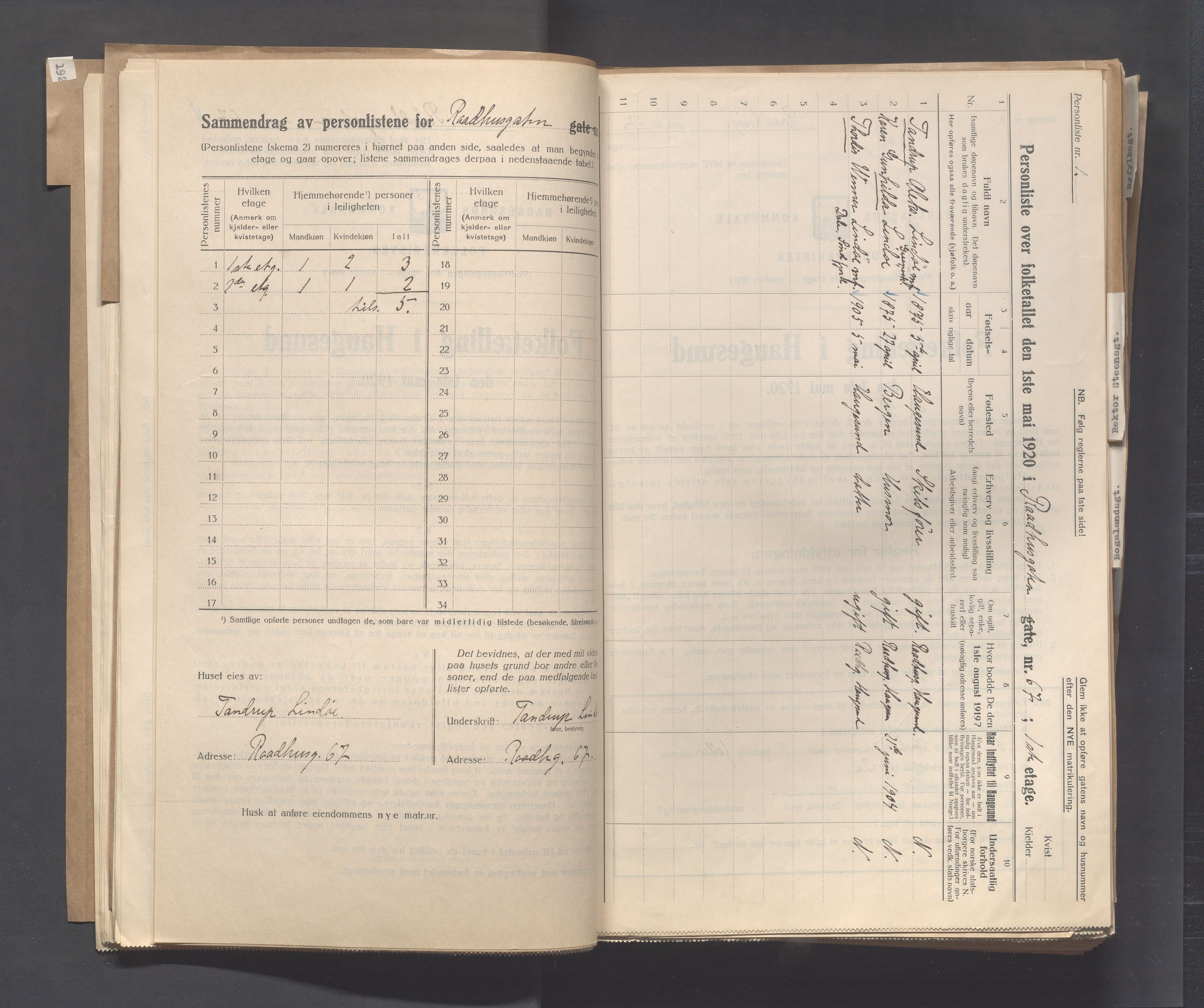 IKAR, Local census 1.5.1920 for Haugesund, 1920, p. 3067