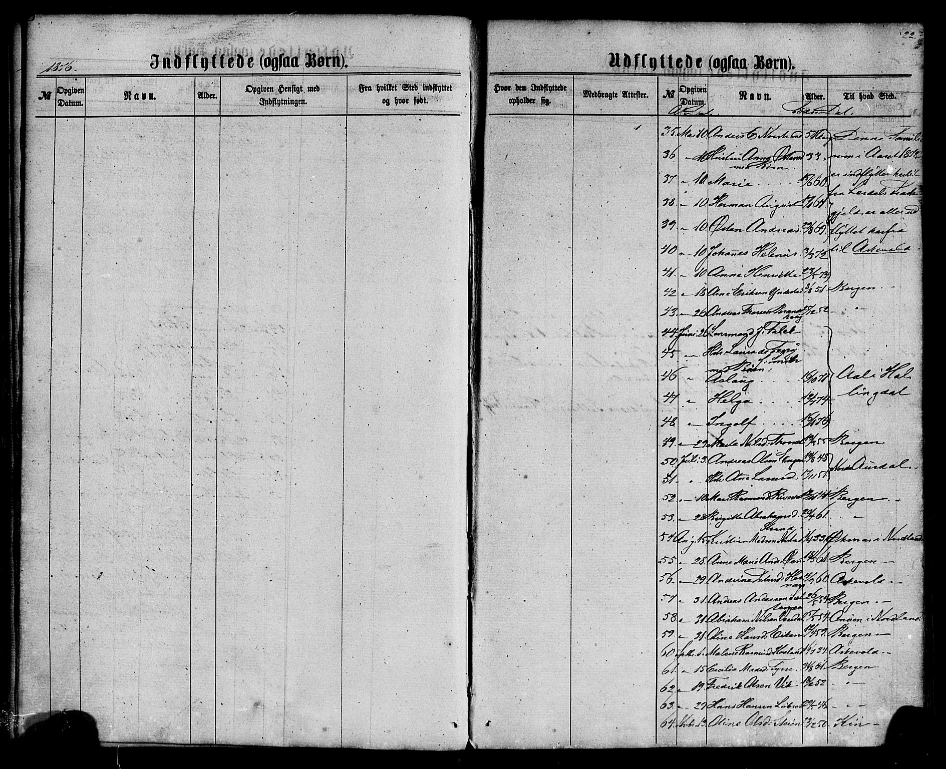 Fjaler sokneprestembete, SAB/A-79801/H/Haa/Haaa/L0010: Parish register (official) no. A 10, 1866-1886, p. 22