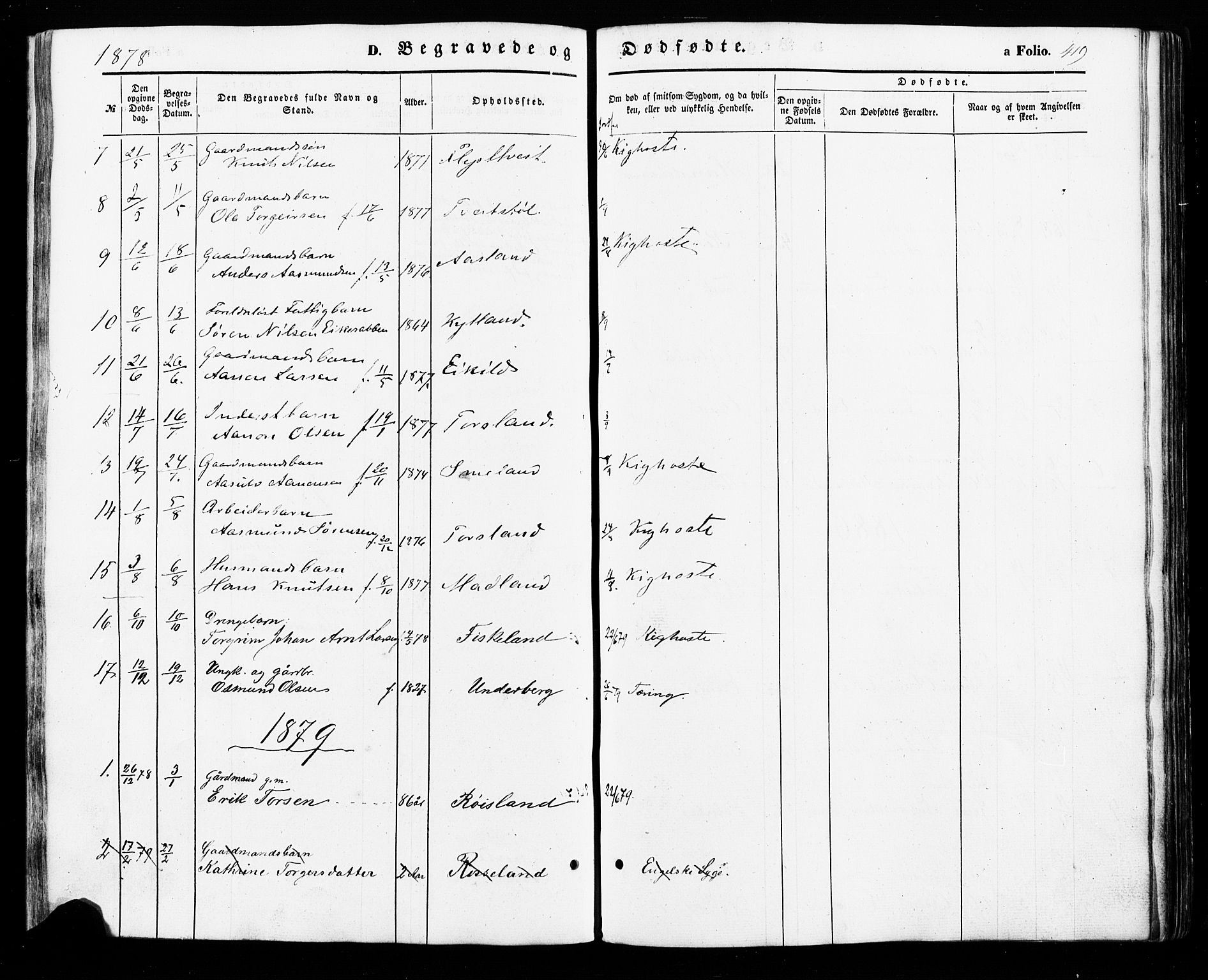 Åseral sokneprestkontor, SAK/1111-0051/F/Fa/L0002: Parish register (official) no. A 2, 1854-1884, p. 419
