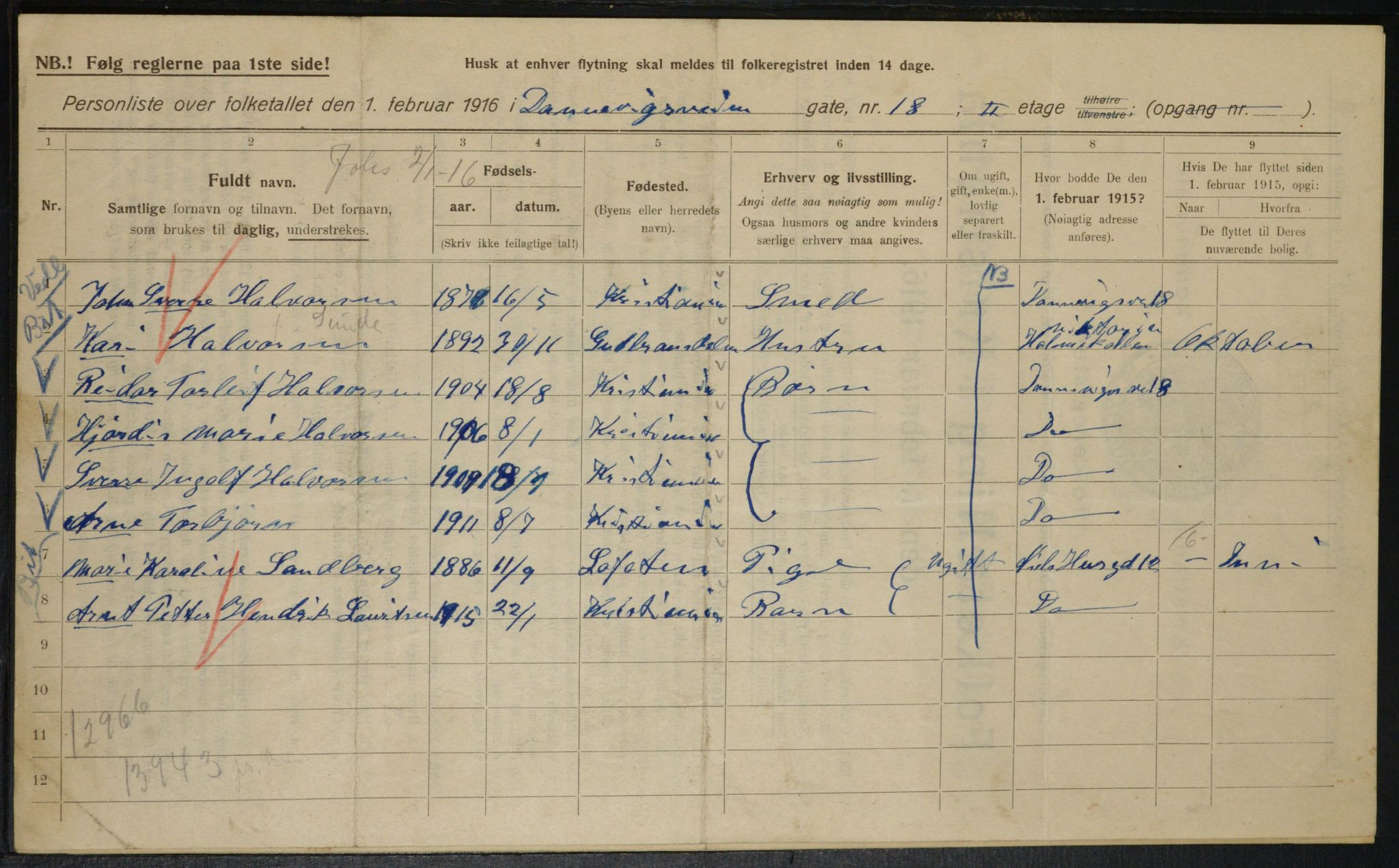 OBA, Municipal Census 1916 for Kristiania, 1916, p. 15375