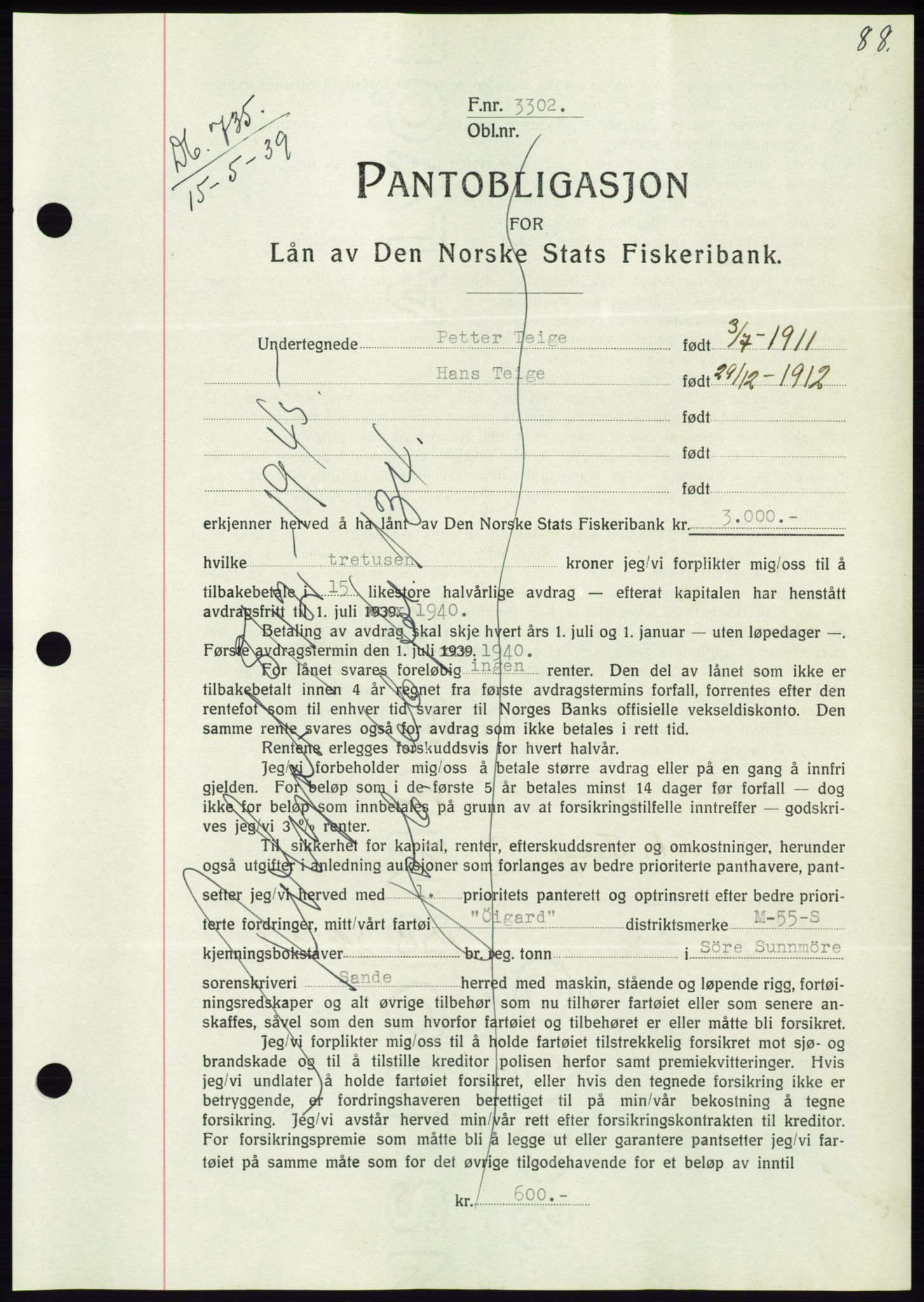 Søre Sunnmøre sorenskriveri, AV/SAT-A-4122/1/2/2C/L0068: Mortgage book no. 62, 1939-1939, Diary no: : 735/1939