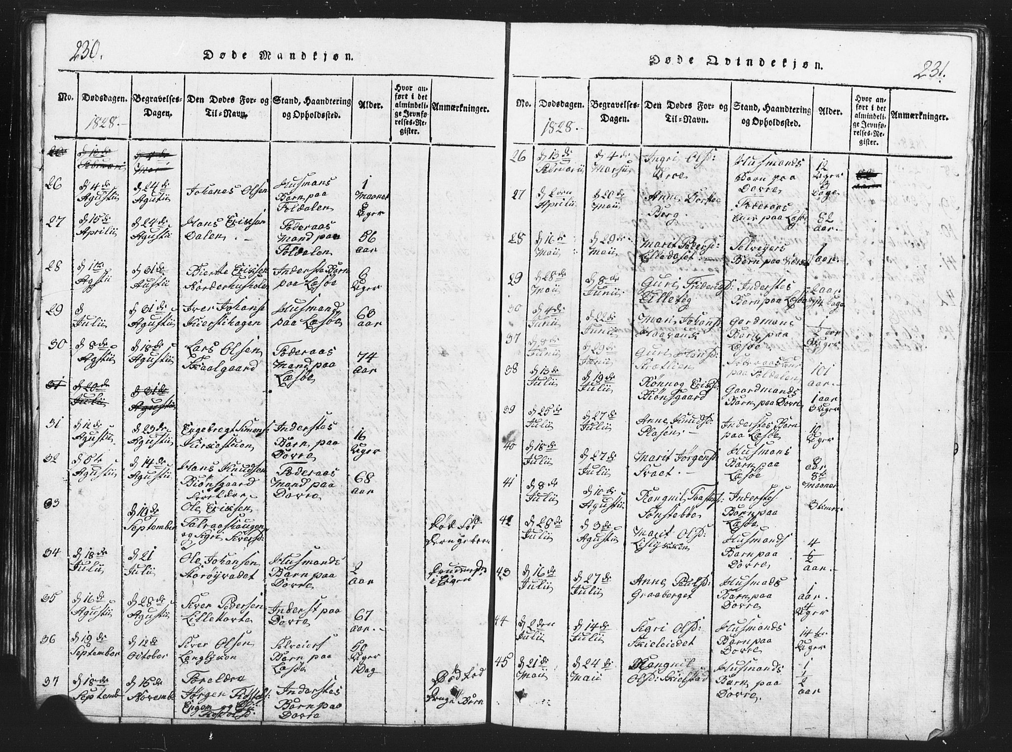 Lesja prestekontor, AV/SAH-PREST-068/H/Ha/Hab/L0001: Parish register (copy) no. 1, 1820-1831, p. 230-231