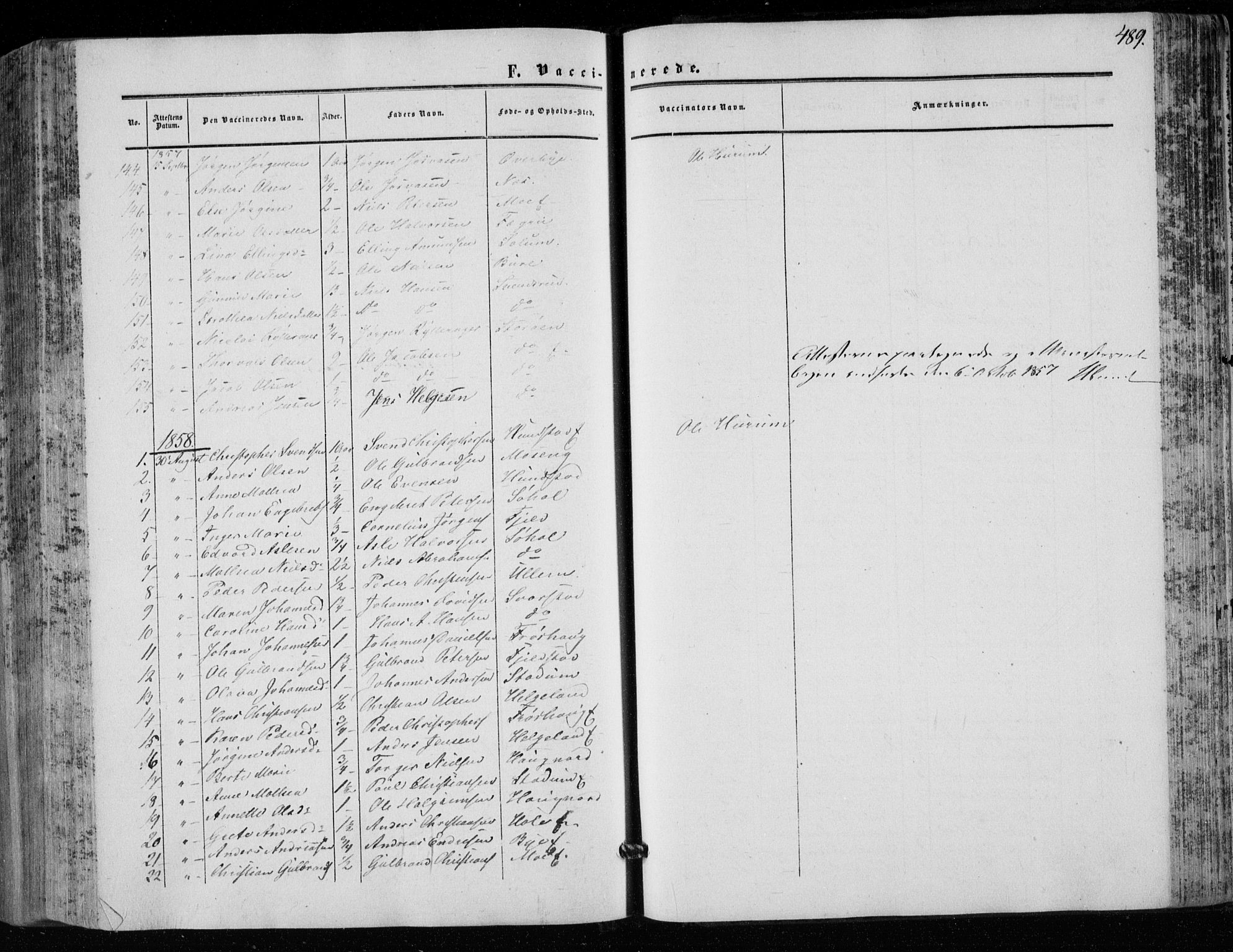 Hole kirkebøker, AV/SAKO-A-228/F/Fa/L0006: Parish register (official) no. I 6, 1852-1872, p. 489