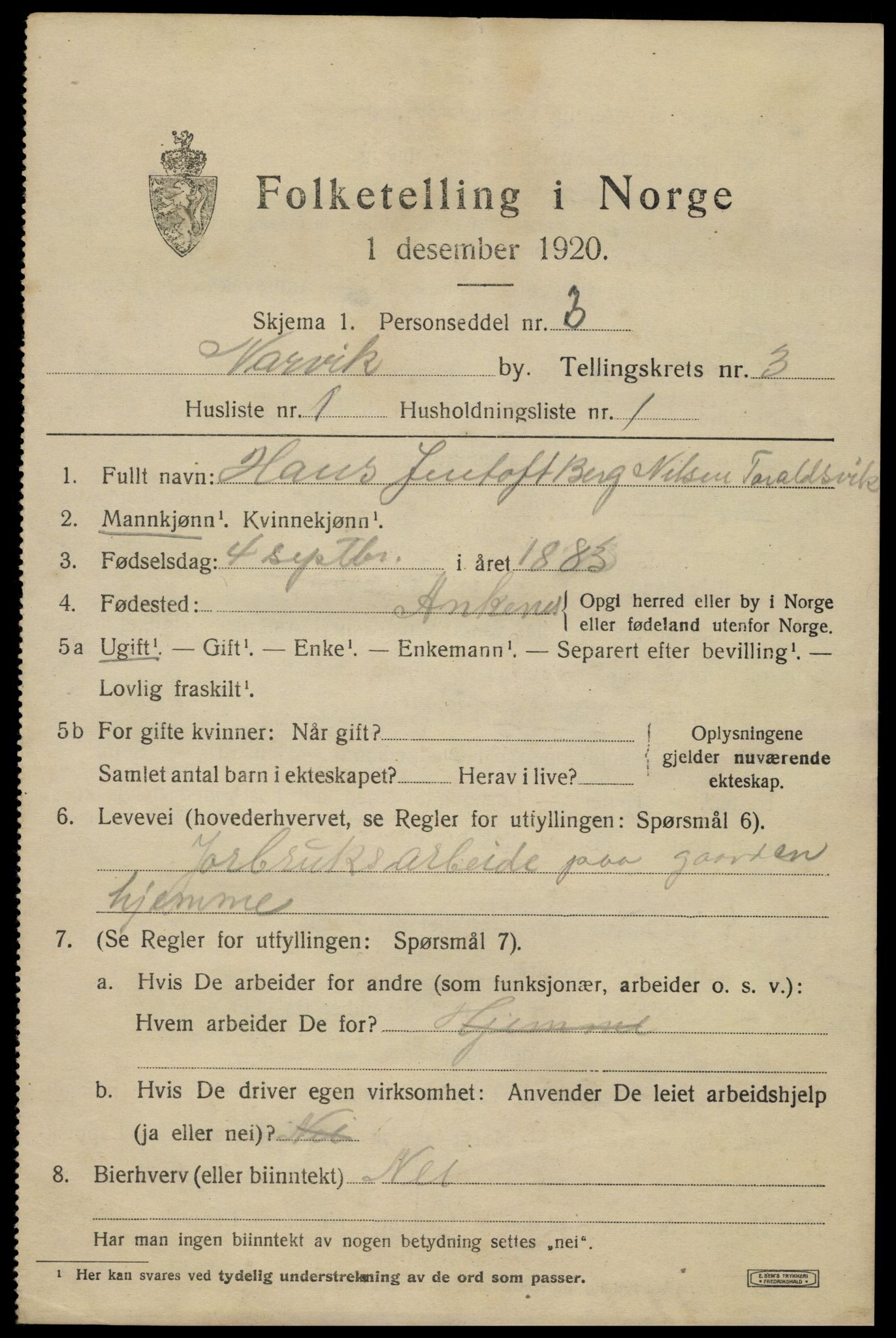 SAT, 1920 census for Narvik, 1920, p. 11748