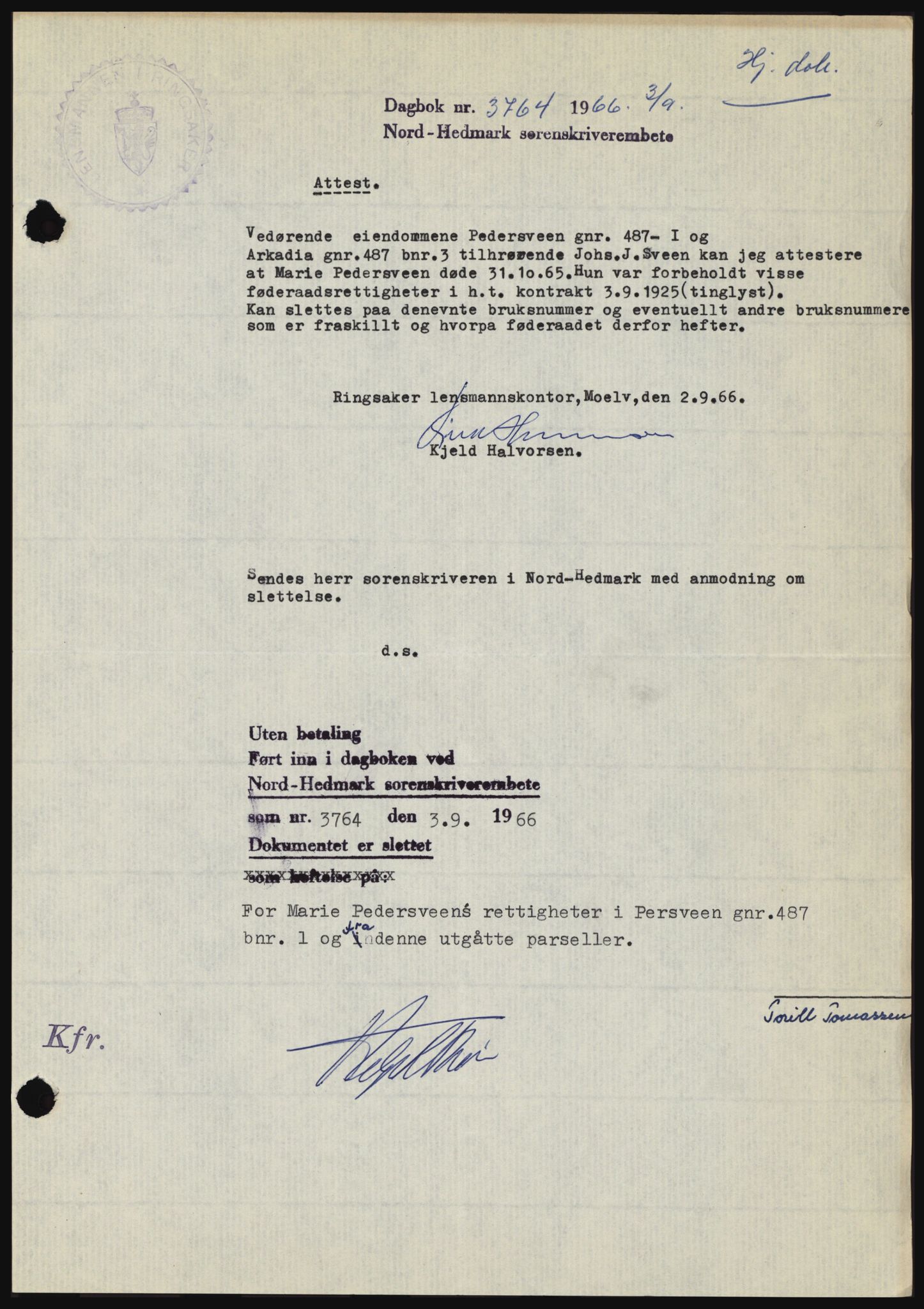 Nord-Hedmark sorenskriveri, SAH/TING-012/H/Hc/L0024: Mortgage book no. 24, 1966-1966, Diary no: : 3764/1966
