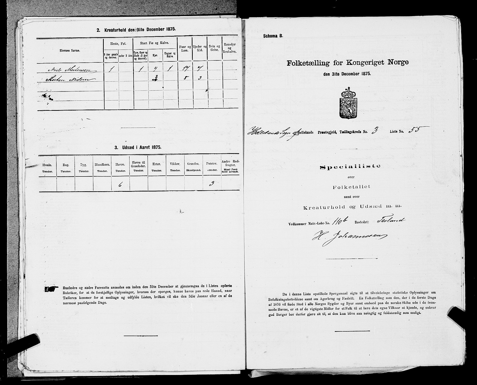 SAST, 1875 census for 1115P Helleland, 1875, p. 336