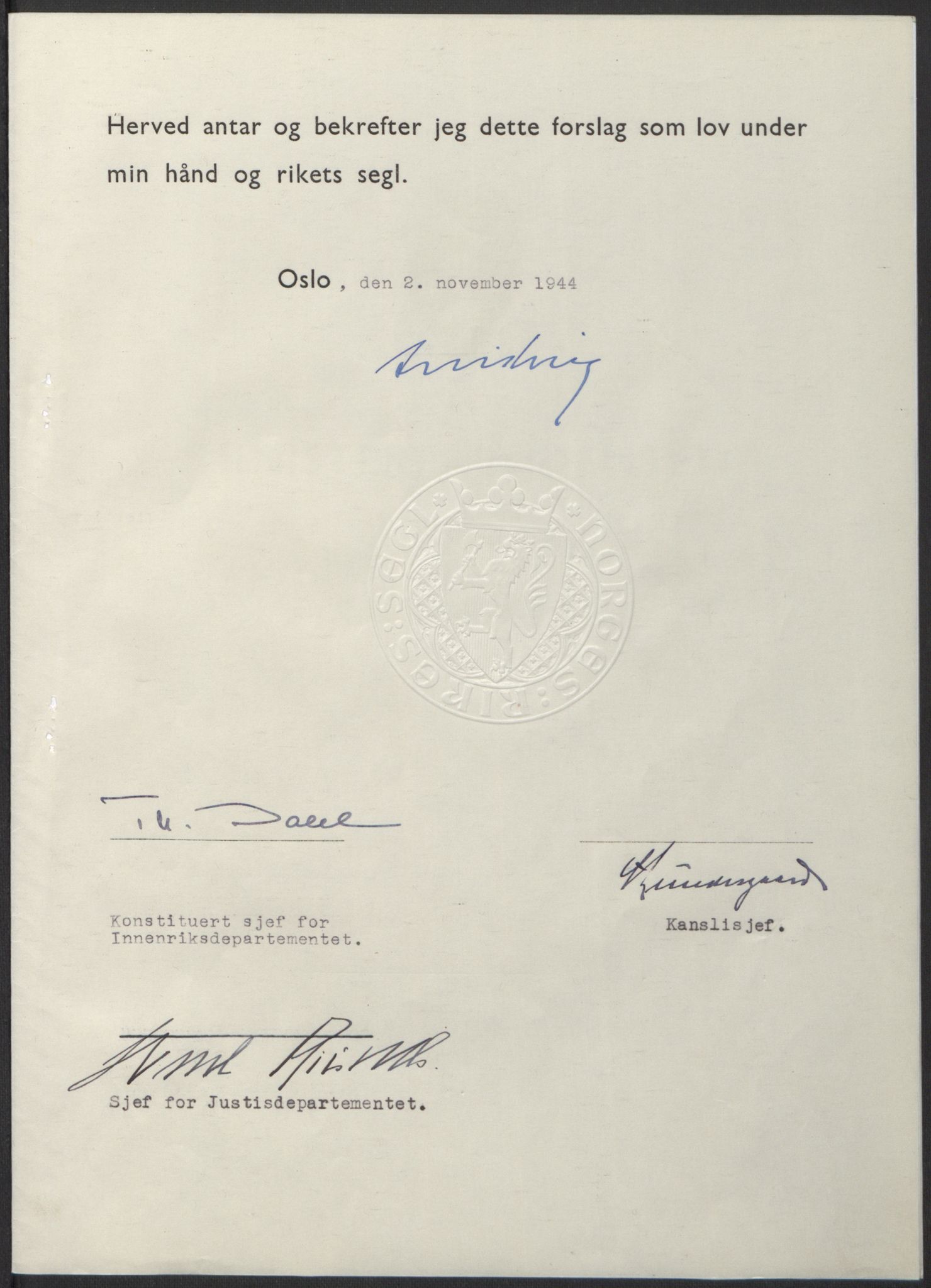 NS-administrasjonen 1940-1945 (Statsrådsekretariatet, de kommisariske statsråder mm), RA/S-4279/D/Db/L0100: Lover, 1944, p. 557