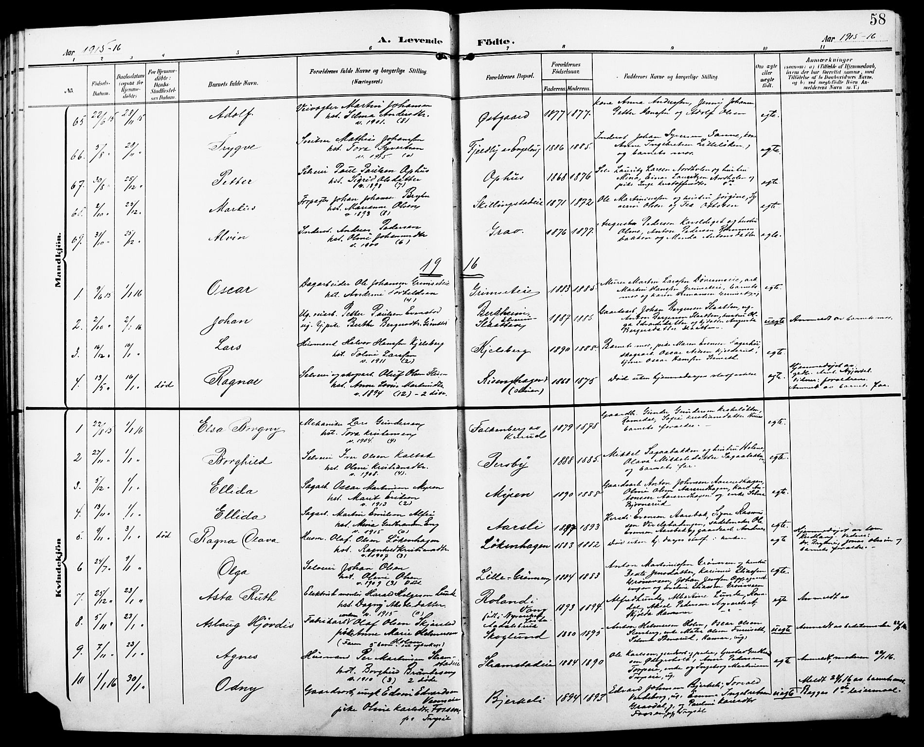 Løten prestekontor, AV/SAH-PREST-022/L/La/L0007: Parish register (copy) no. 7, 1910-1919, p. 58