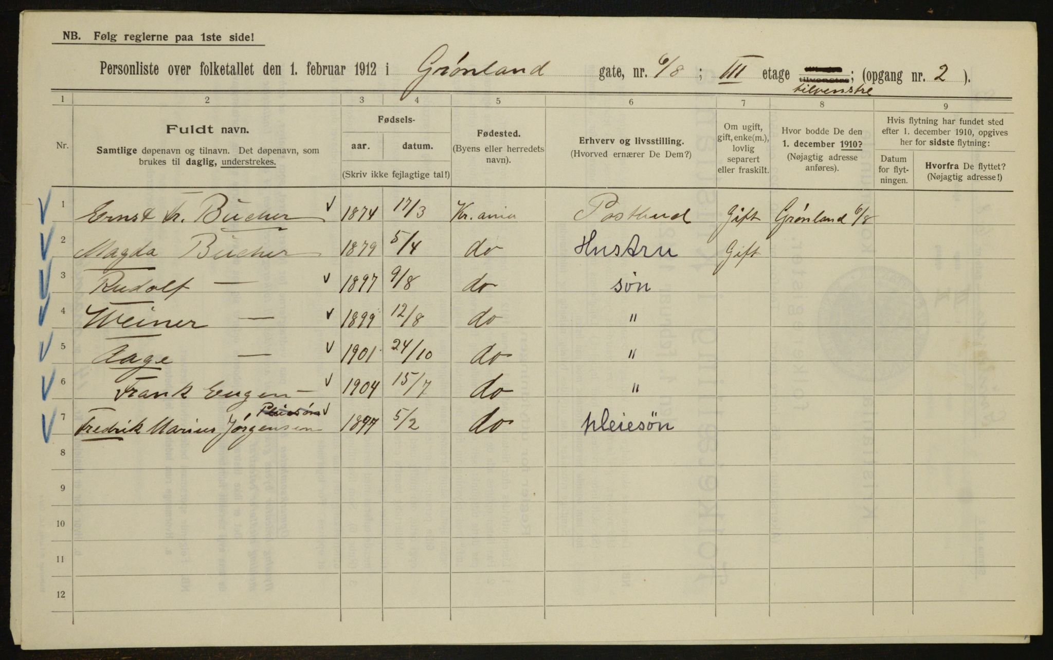 OBA, Municipal Census 1912 for Kristiania, 1912, p. 31005