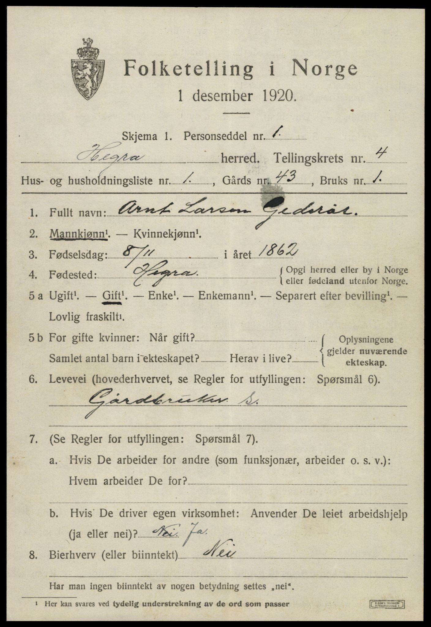 SAT, 1920 census for Hegra, 1920, p. 3372