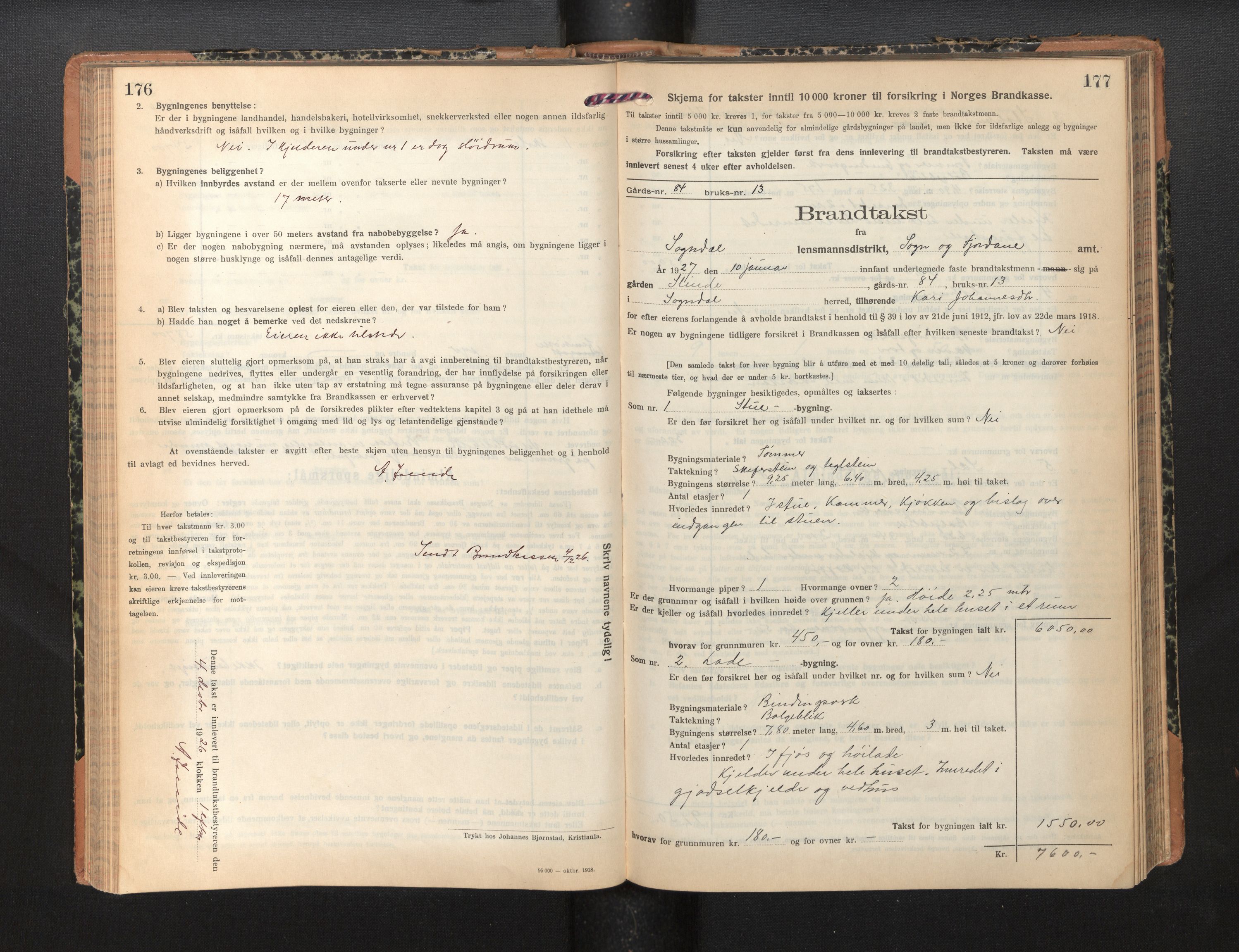 Lensmannen i Sogndal, SAB/A-29901/0012/L0012: Branntakstprotokoll, skjematakst, 1922-1931, p. 176-177