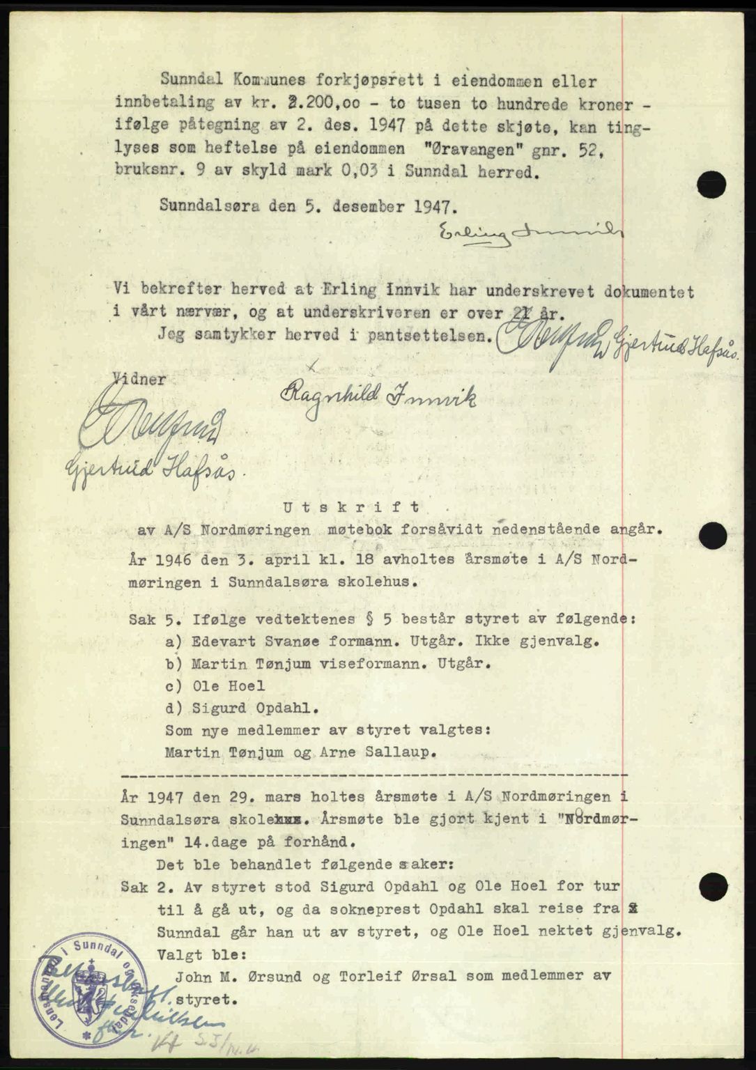 Nordmøre sorenskriveri, AV/SAT-A-4132/1/2/2Ca: Mortgage book no. A107, 1947-1948, Diary no: : 3112/1947