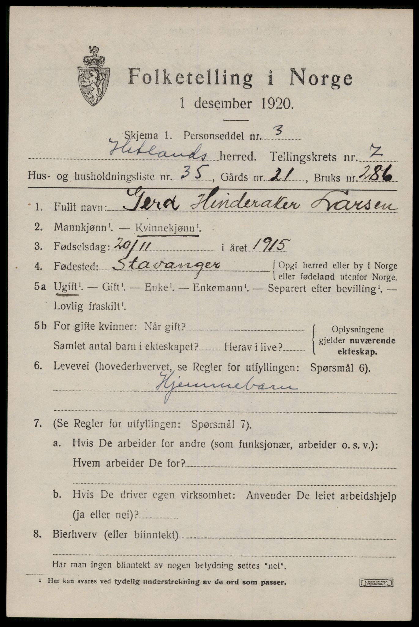 SAST, 1920 census for Hetland, 1920, p. 14347