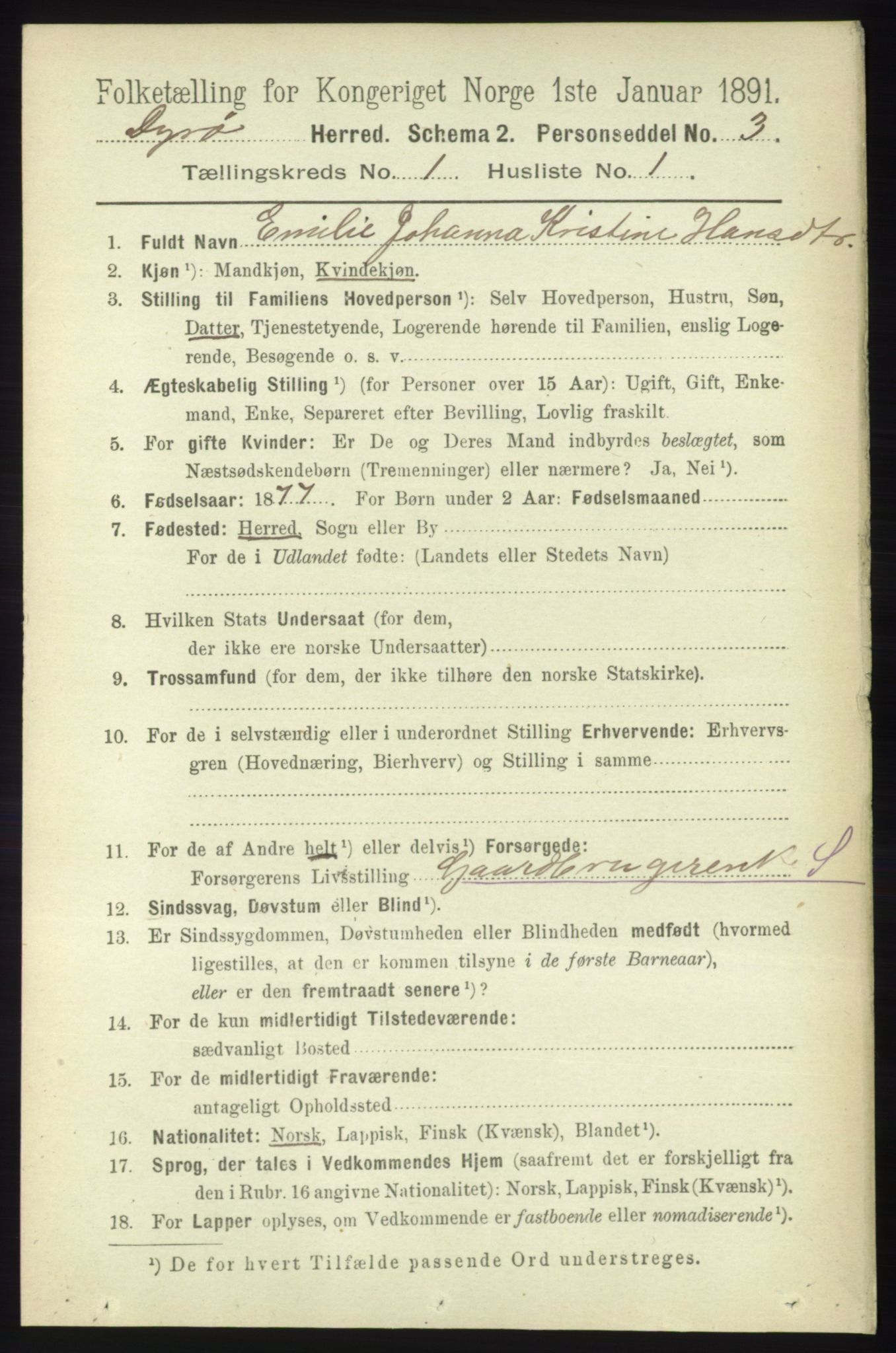 RA, 1891 census for 1926 Dyrøy, 1891, p. 74