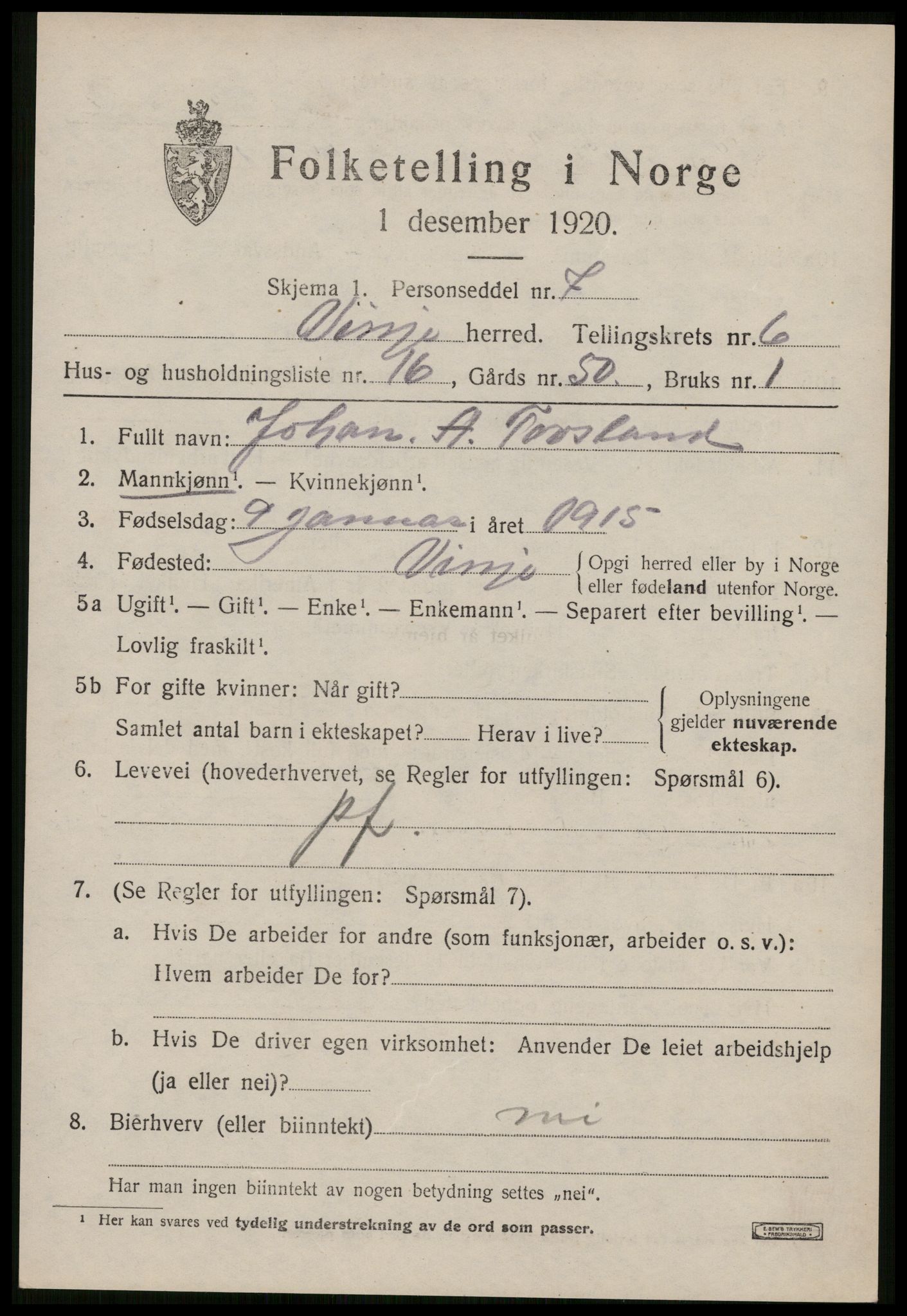 SAKO, 1920 census for Vinje, 1920, p. 1965