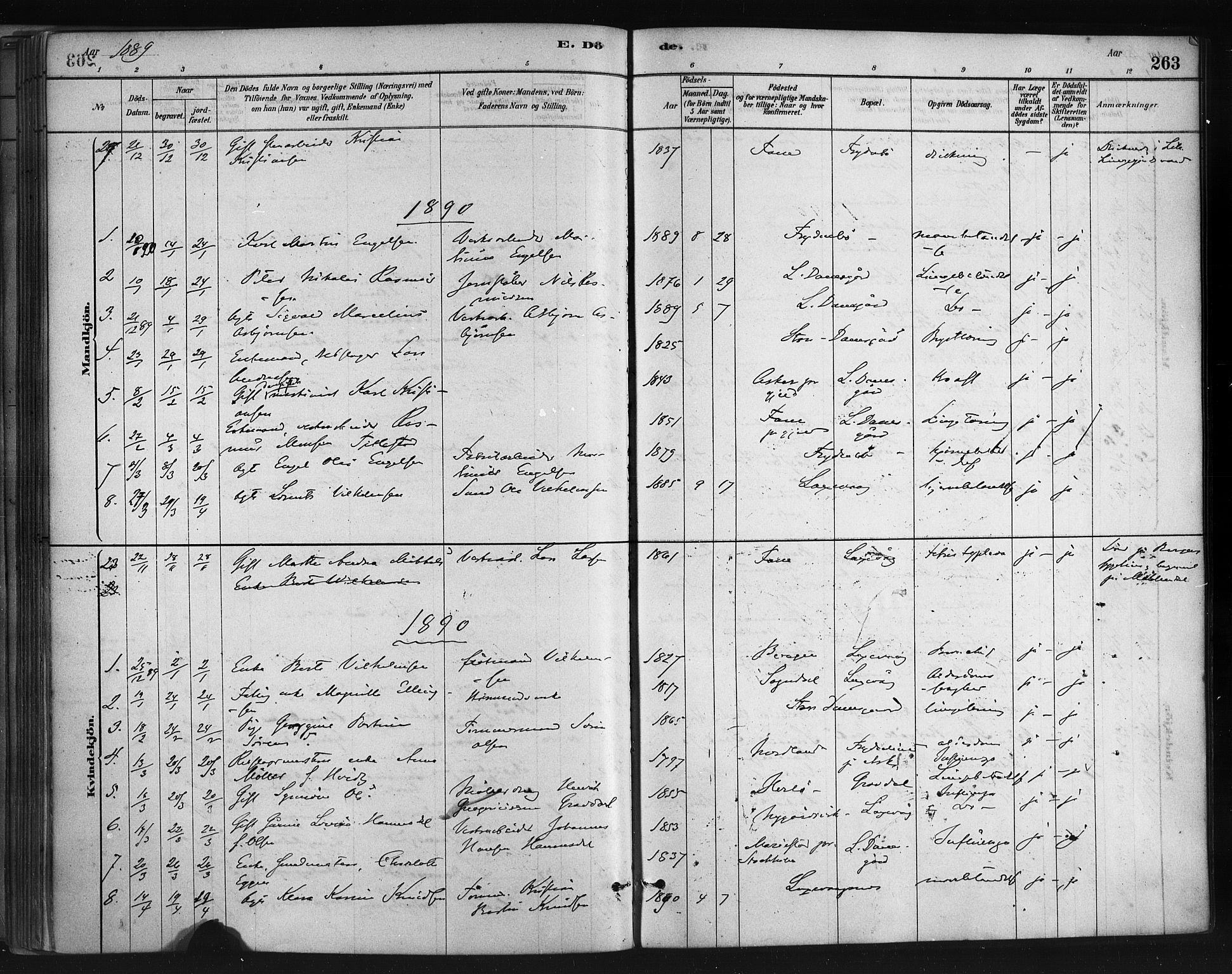 Askøy Sokneprestembete, SAB/A-74101/H/Ha/Haa/Haae/L0002: Parish register (official) no. E 2, 1878-1891, p. 263