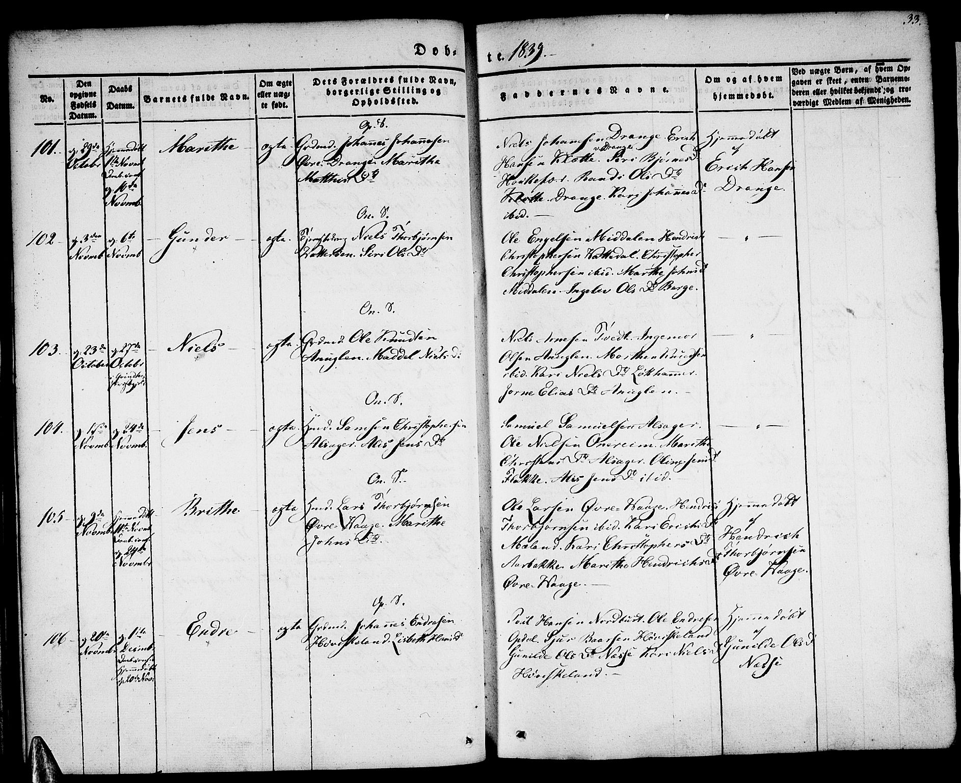 Tysnes sokneprestembete, SAB/A-78601/H/Haa: Parish register (official) no. A 9, 1837-1848, p. 33