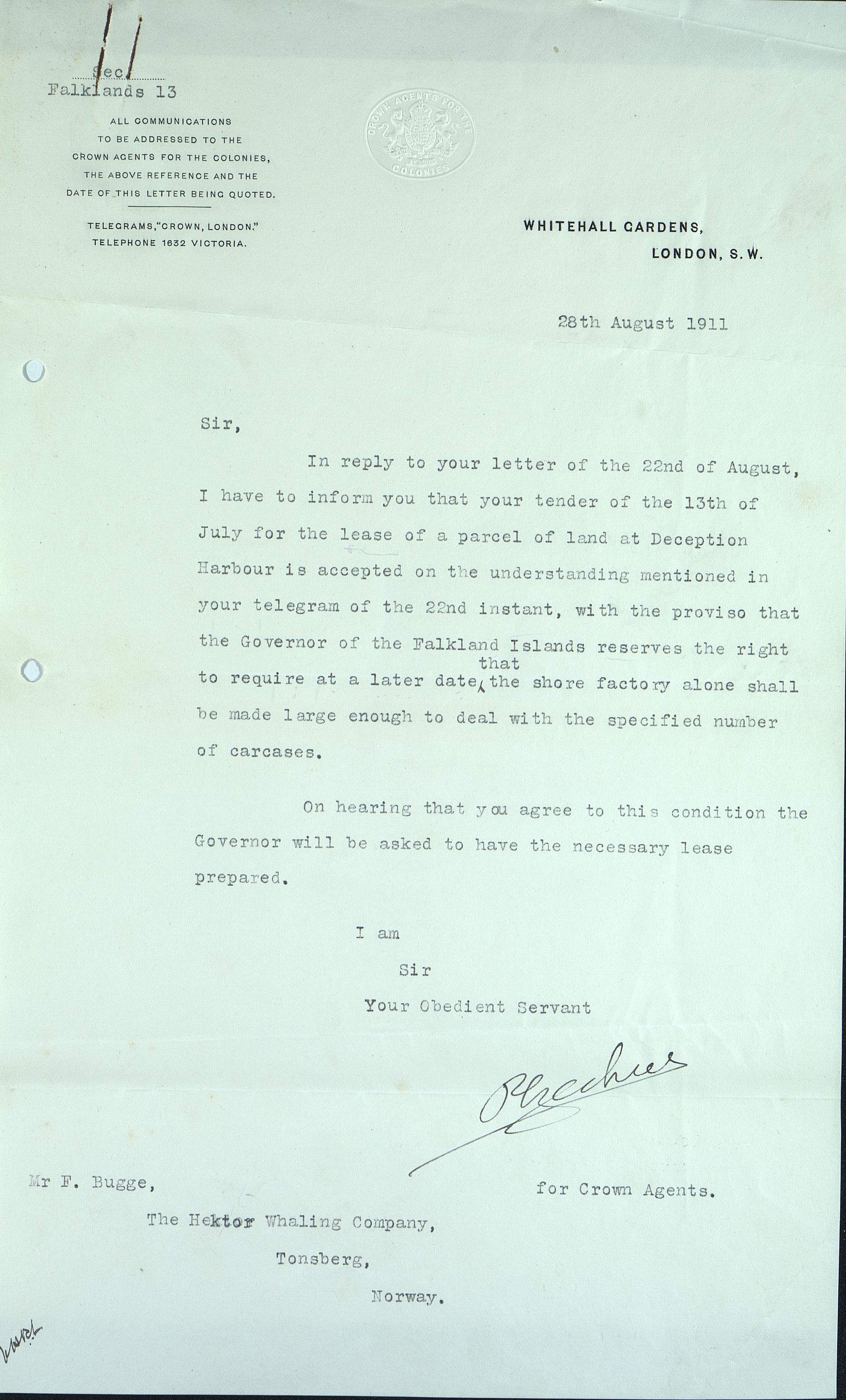 Pa 258 - N. Bugge AS, VEMU/A-1326/E/Ea/L0001/0001: Lisensavtaler og korrespondanse med Britiske myndigheter / The Crown Agents for the Colonies, 1911-1920