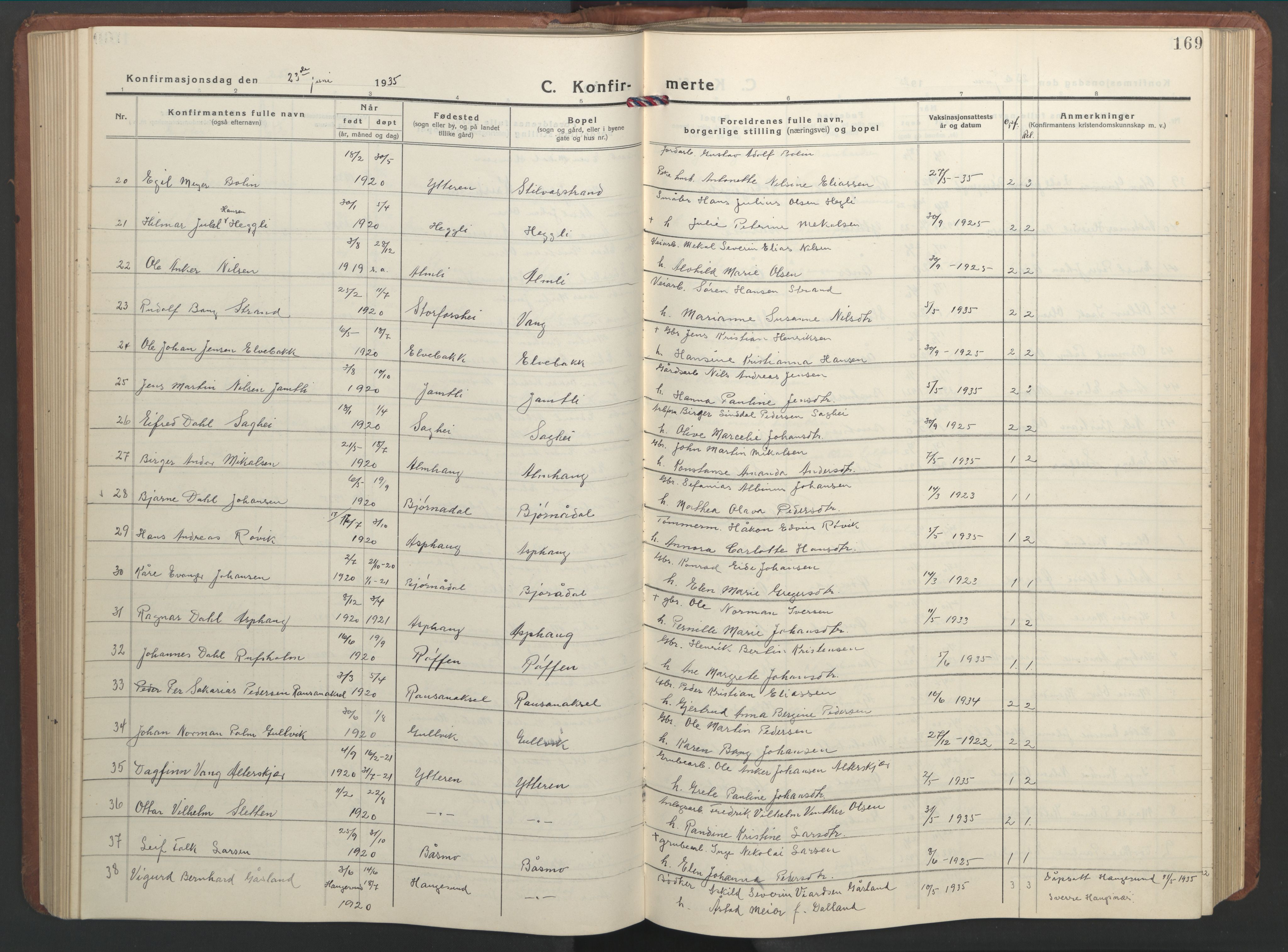 Ministerialprotokoller, klokkerbøker og fødselsregistre - Nordland, SAT/A-1459/827/L0425: Parish register (copy) no. 827C14, 1931-1946, p. 169
