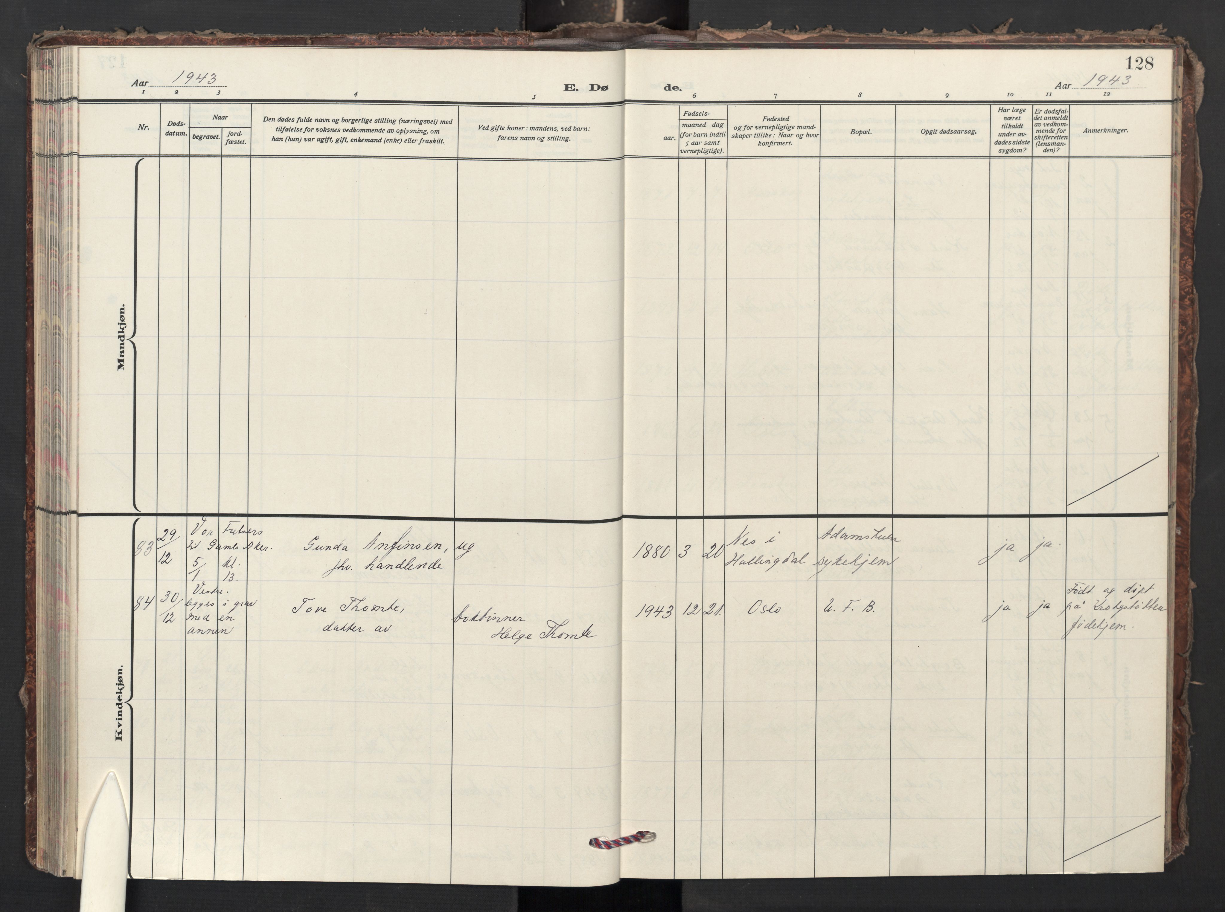 Krohgstøtten sykehusprest Kirkebøker, AV/SAO-A-10854/F/Fa/L0006: Parish register (official) no. 6, 1935-1951, p. 128