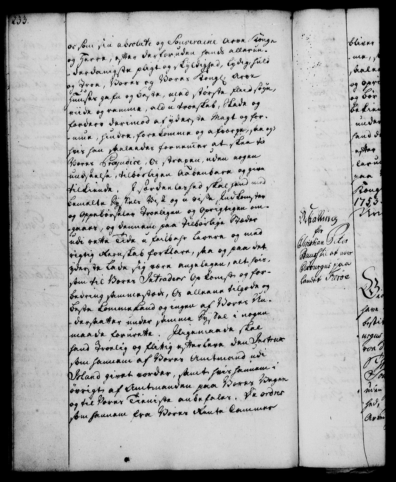 Rentekammeret, Kammerkanselliet, RA/EA-3111/G/Gg/Gge/L0003: Norsk bestallingsprotokoll med register (merket RK 53.27), 1745-1761, p. 233
