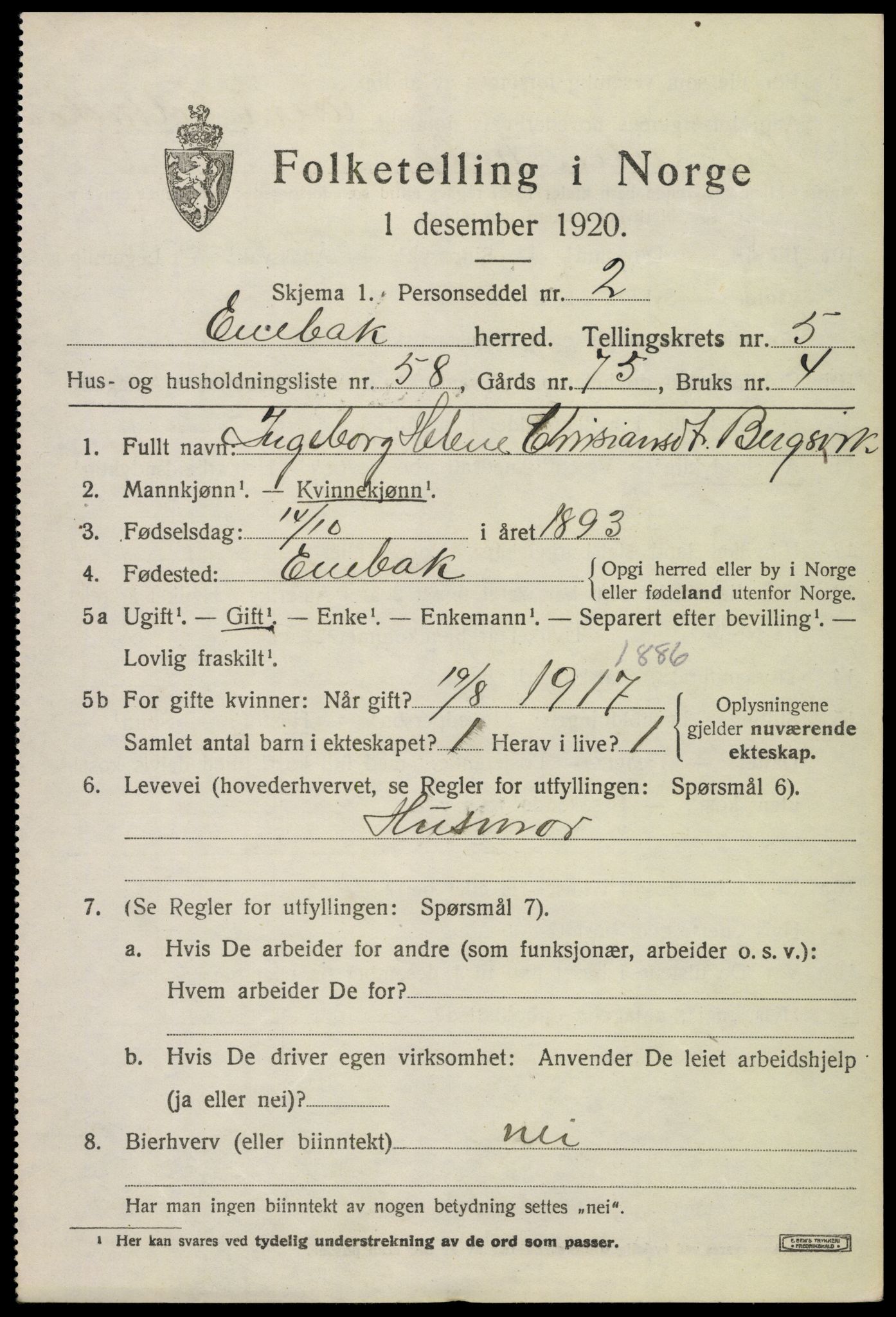 SAO, 1920 census for Enebakk, 1920, p. 4707