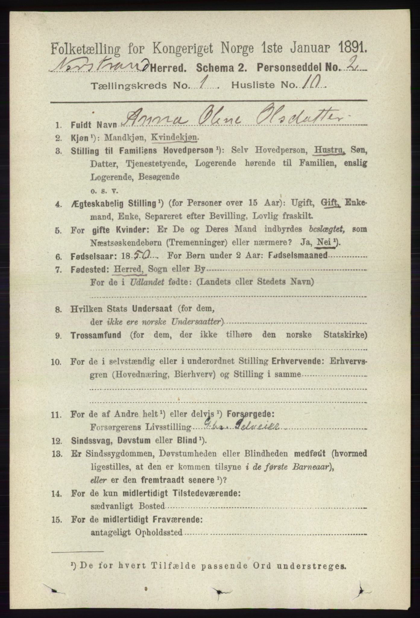 RA, 1891 census for 1139 Nedstrand, 1891, p. 134