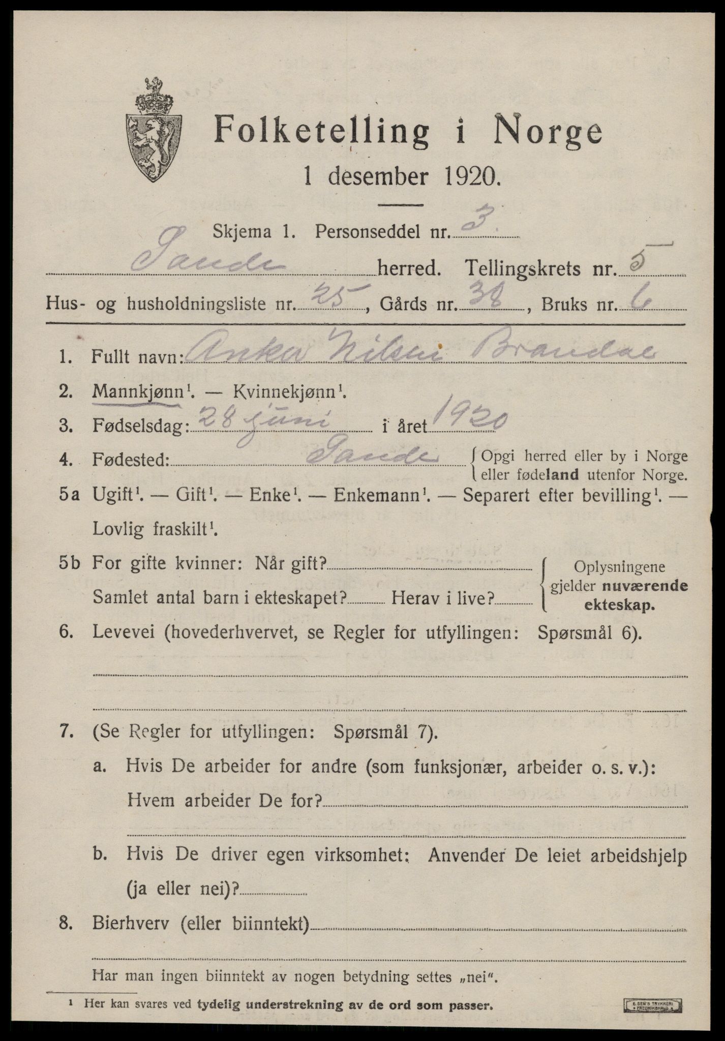 SAT, 1920 census for Sande (MR), 1920, p. 3524