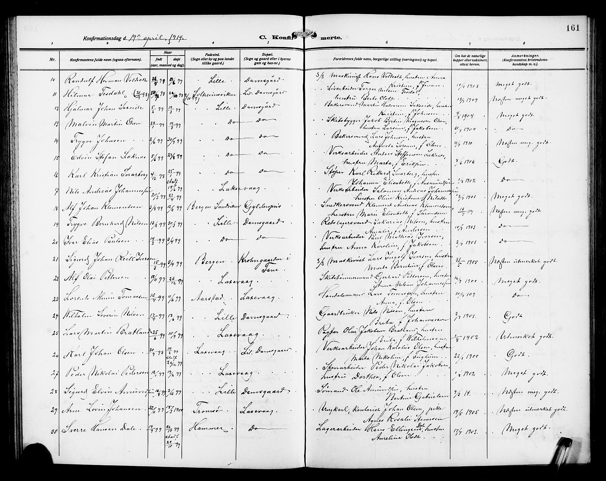 Laksevåg Sokneprestembete, SAB/A-76501/H/Ha/Hab/Haba/L0005: Parish register (copy) no. A 5, 1910-1917, p. 161