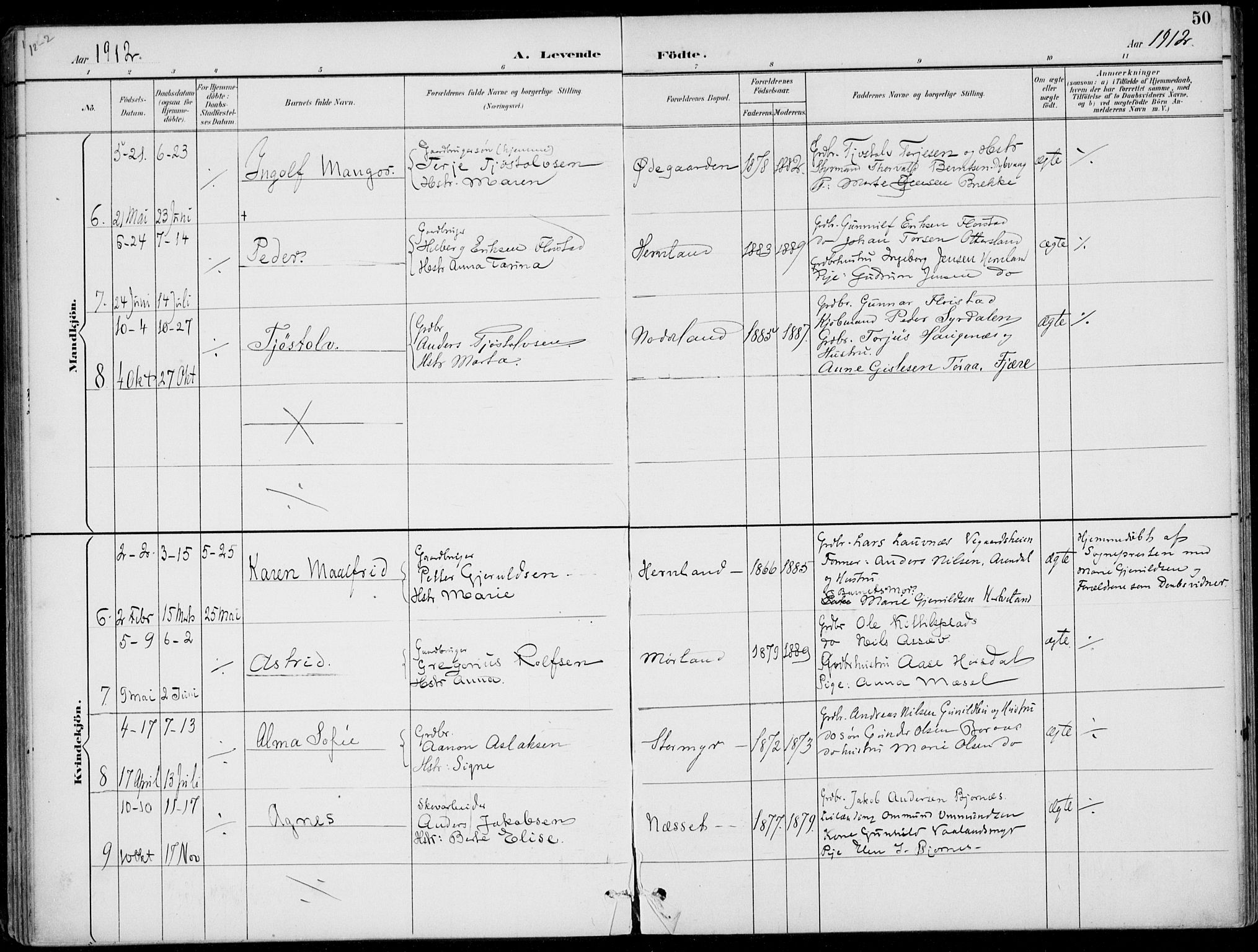 Austre Moland sokneprestkontor, AV/SAK-1111-0001/F/Fa/Faa/L0011: Parish register (official) no. A 11, 1894-1915, p. 50