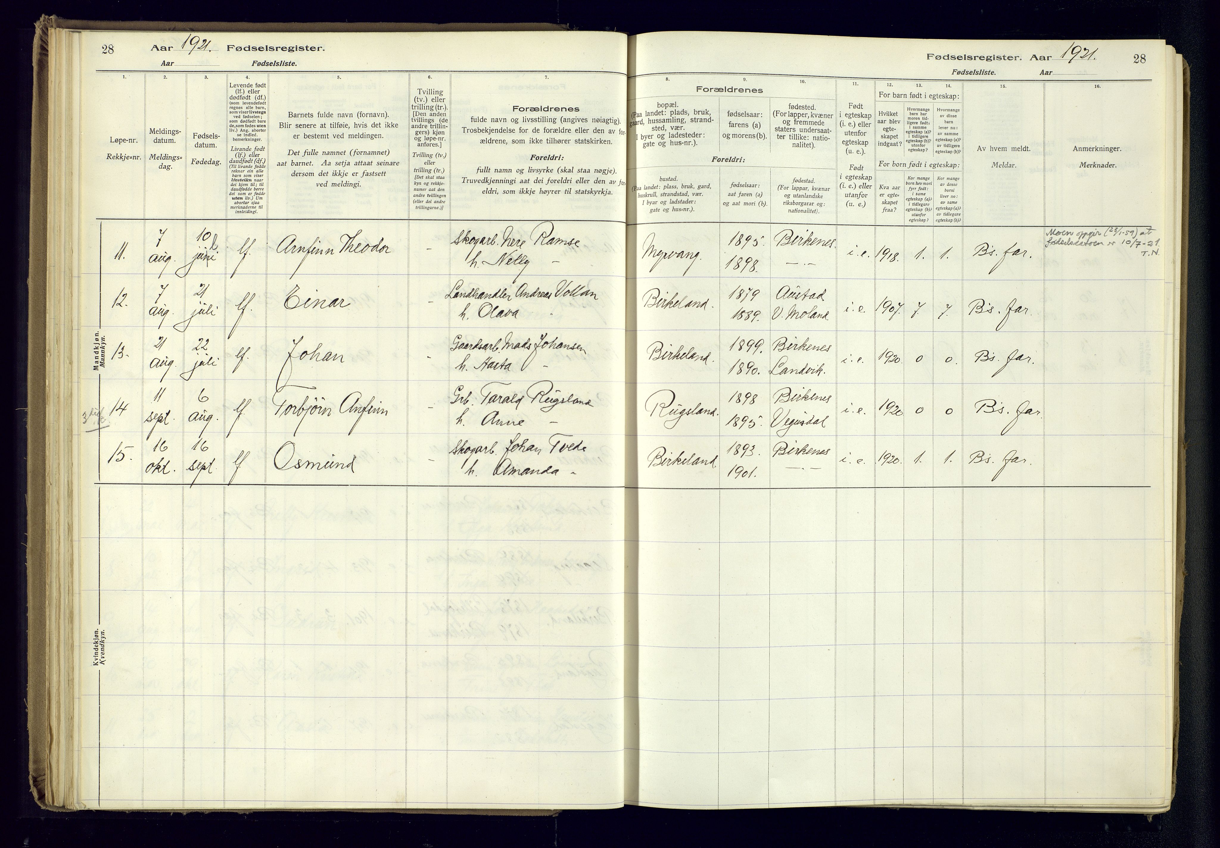 Birkenes sokneprestkontor, AV/SAK-1111-0004/J/Ja/L0001: Birth register no. II.6.4, 1916-1962, p. 28