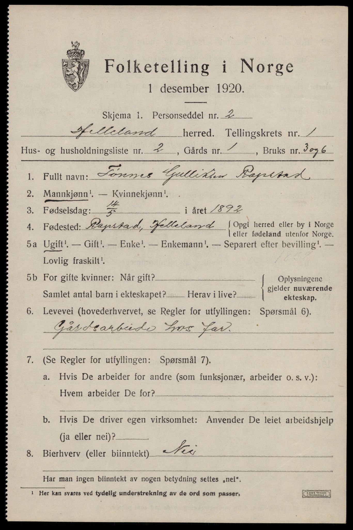 SAST, 1920 census for Helleland, 1920, p. 425