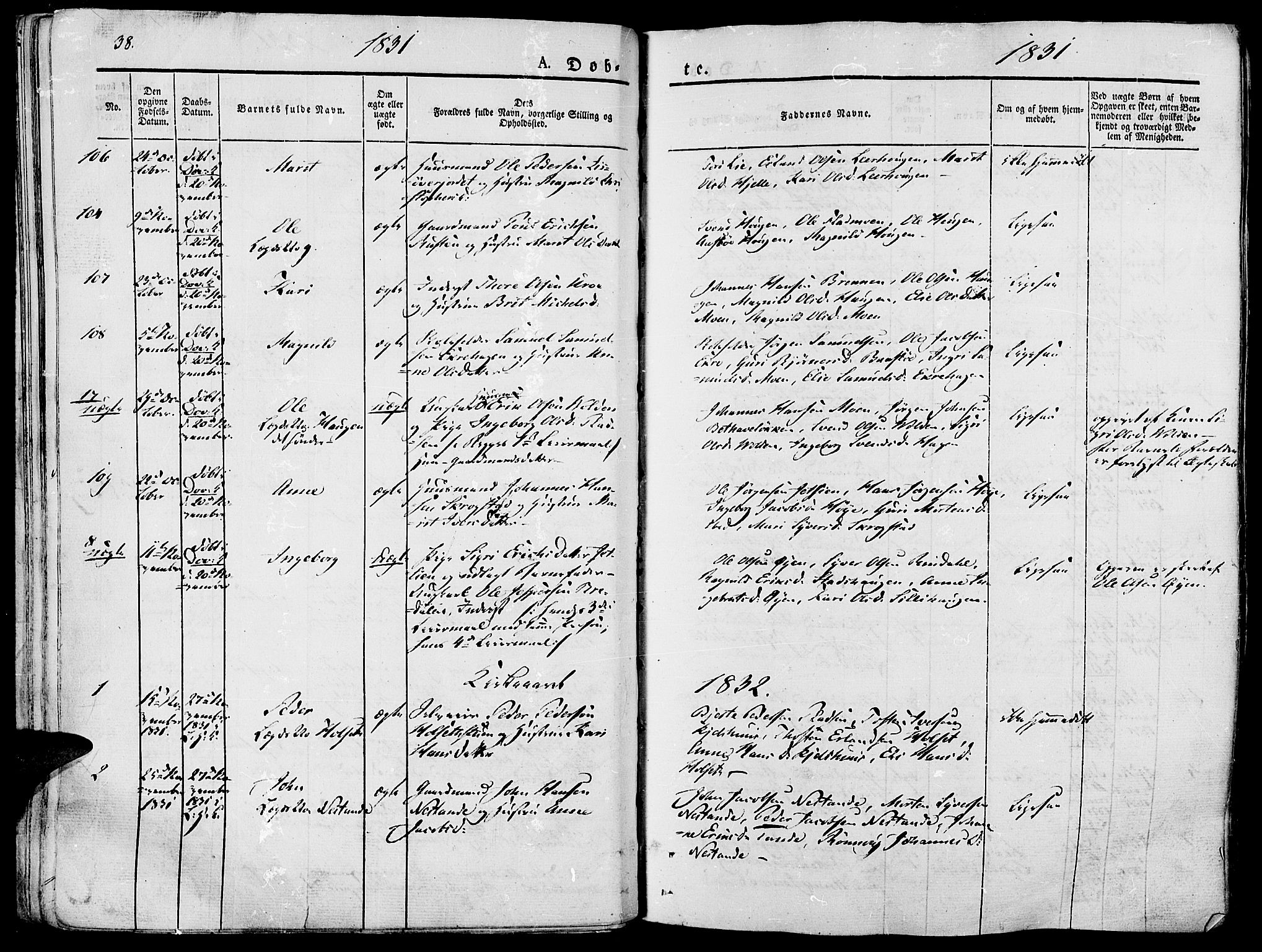 Lesja prestekontor, AV/SAH-PREST-068/H/Ha/Haa/L0005: Parish register (official) no. 5, 1830-1842, p. 38